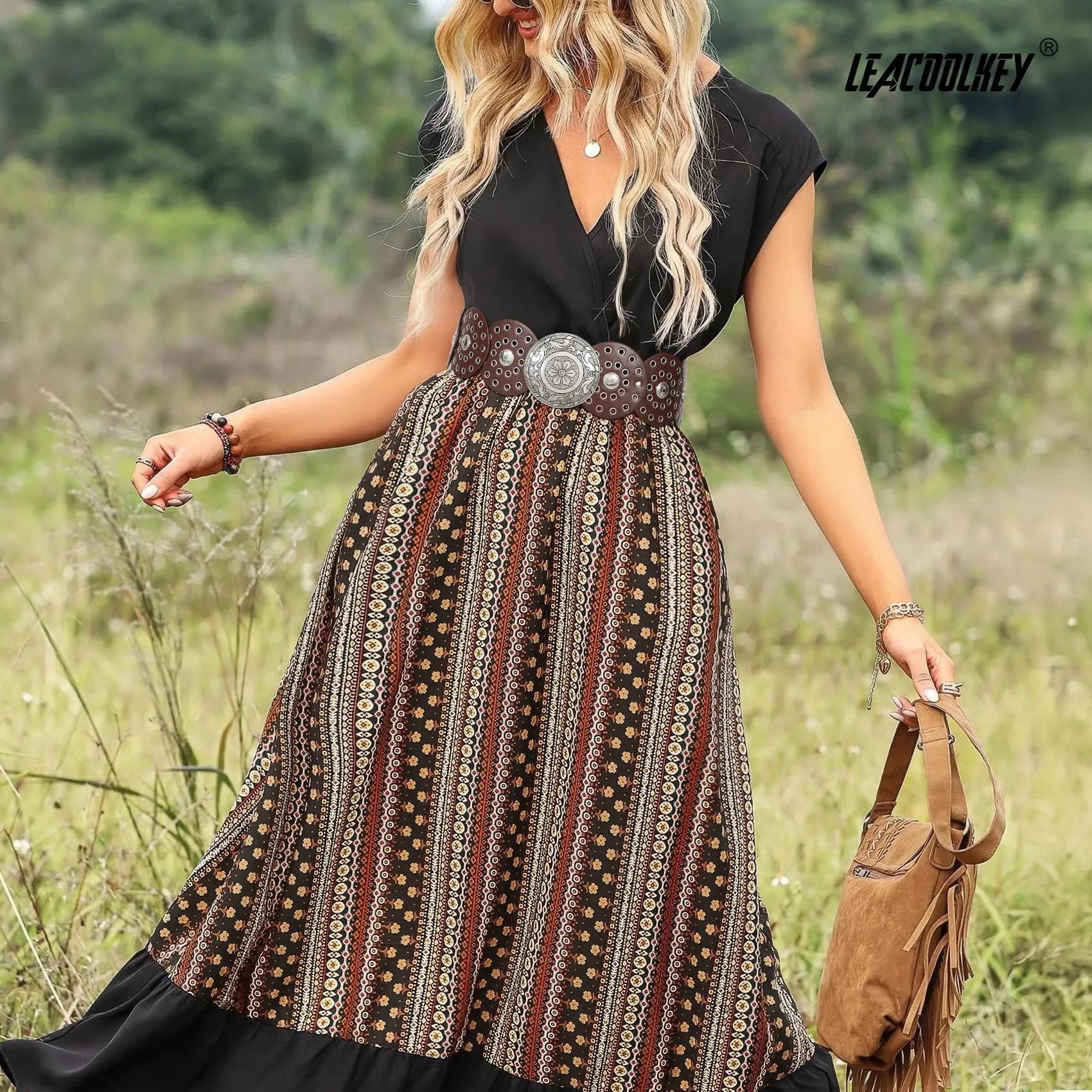 LEACOOLKEY Cintura Donna Boho Disco Western in Pelle Concho per Vestiti e Jeans - immagine 5