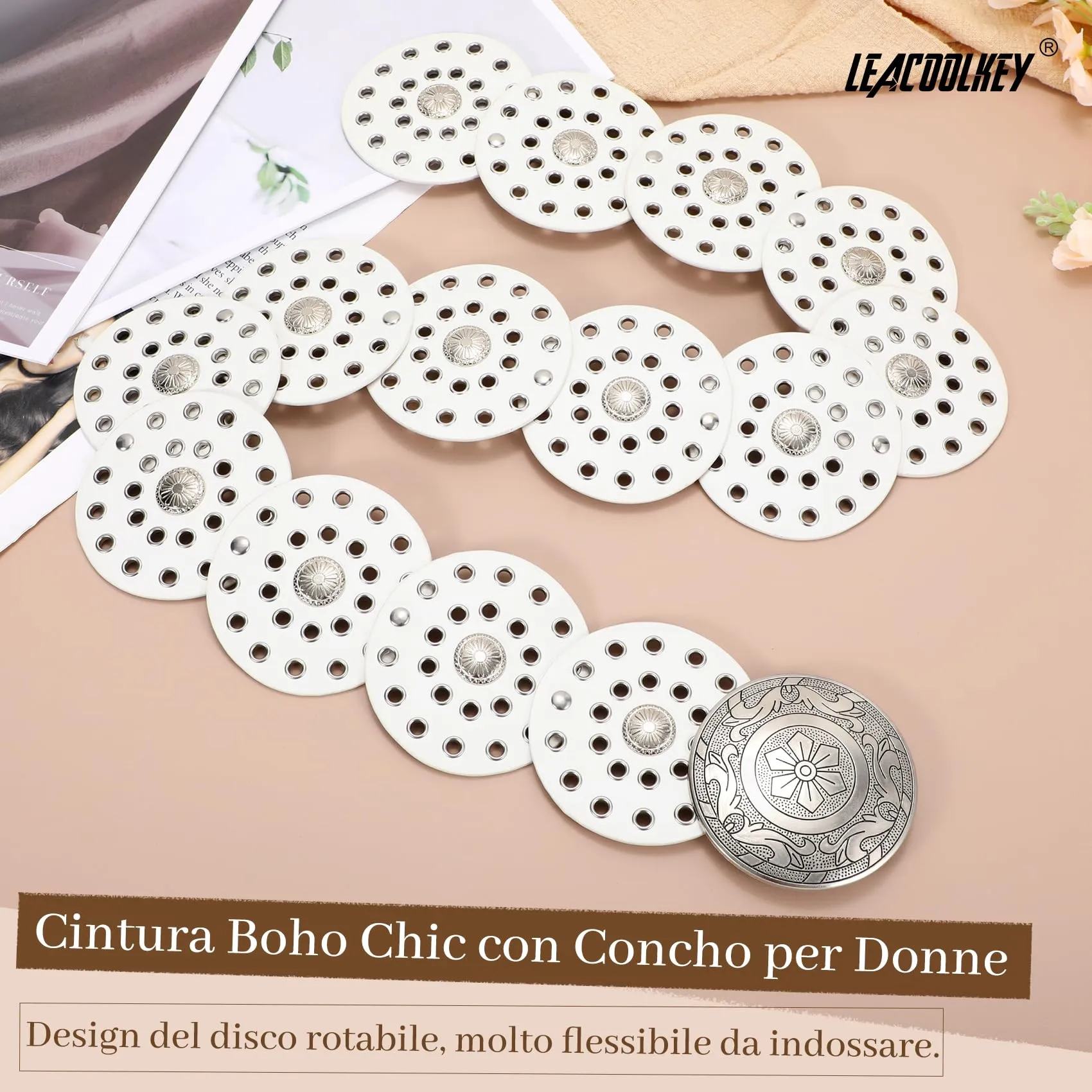 LEACOOLKEY Cintura Donna Boho Disco Larga Western in Pelle Concho per Vestiti e Jeans - immagine 2