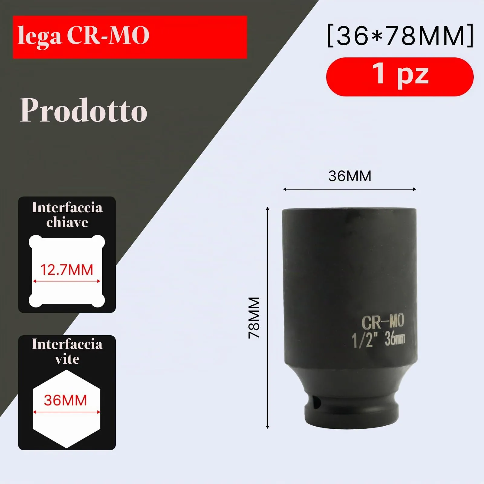 Flewdart Bussola Lunga Esagonale 1/2" 36mm, Acciaio al Cromo Molibdeno CR-MO, Lunghezza 78 mm - immagine 2