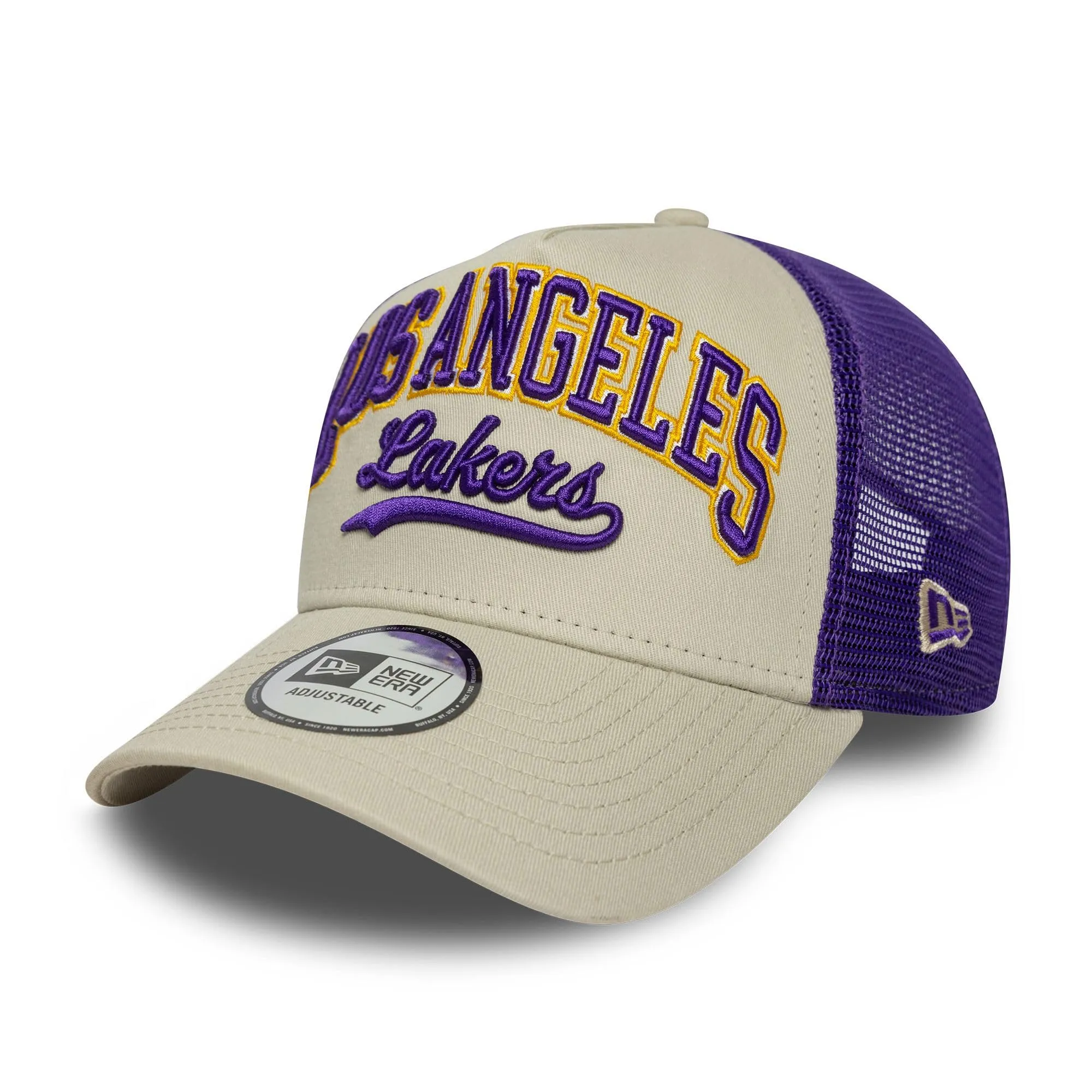 New Era Los Angeles Lakers Script A-Frame Trucker Hat - Beige - immagine 1