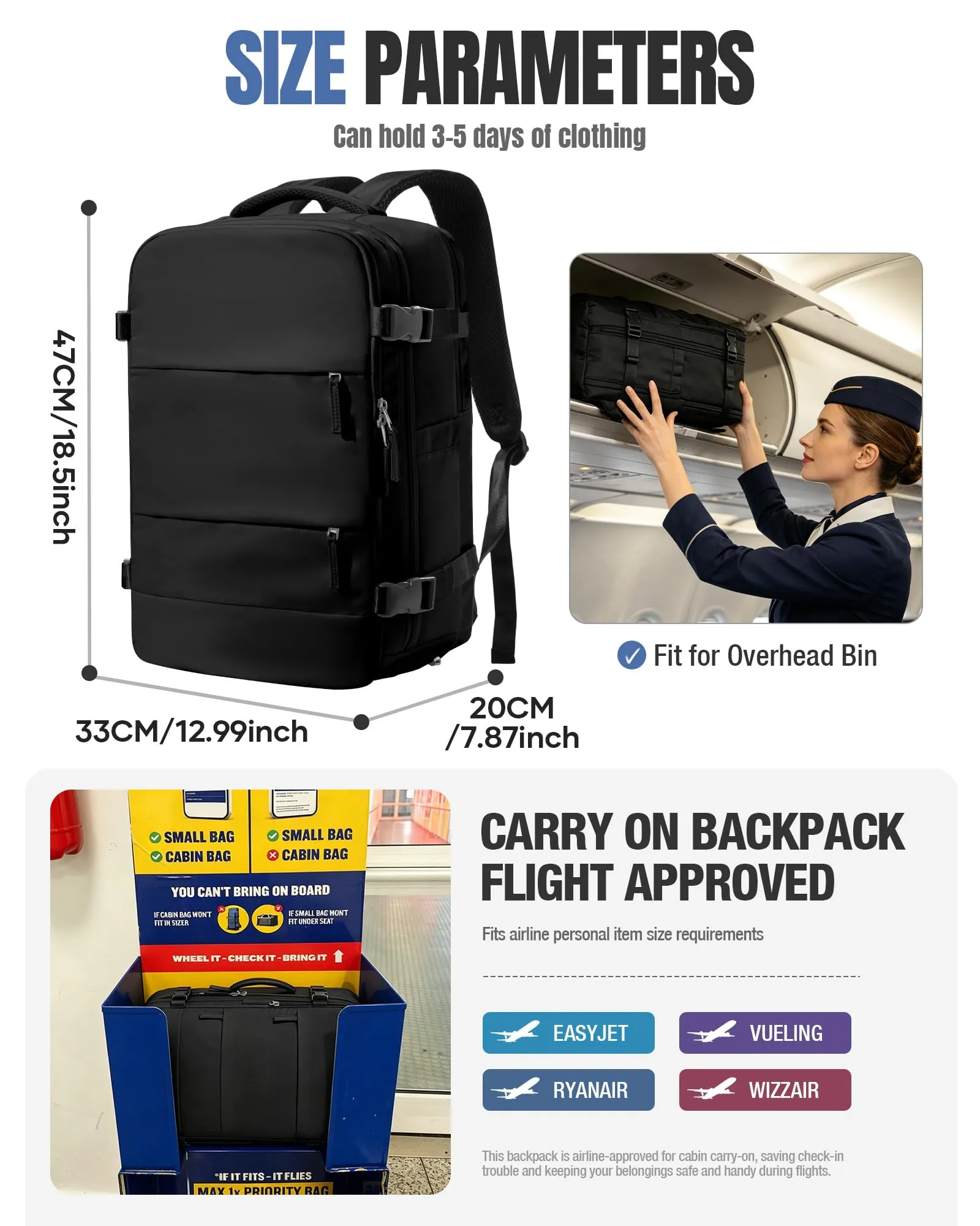 BJLFS Zaino Bagaglio a Mano Sottovuoto per Ryanair 40x30x20 con Pompa - immagine 3