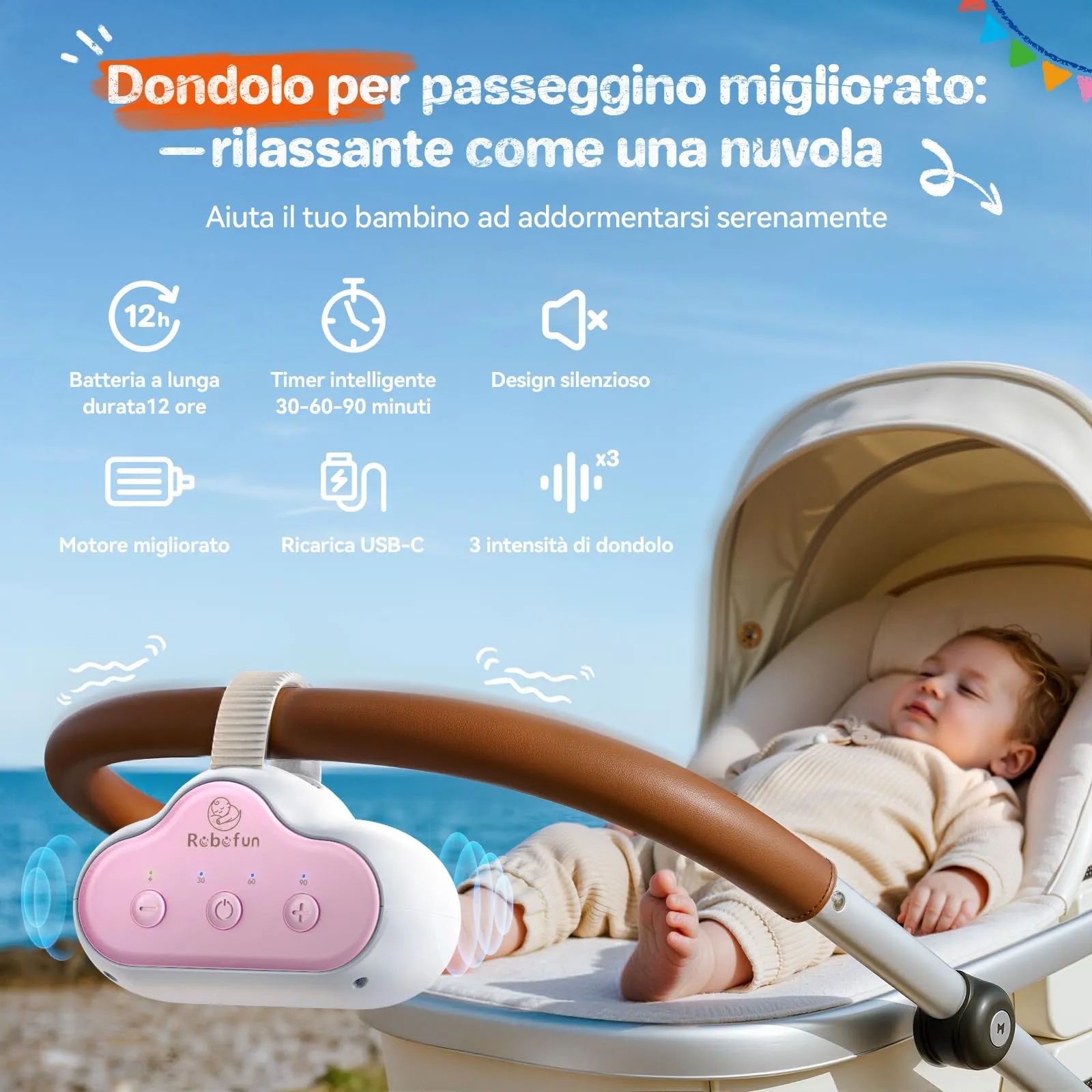 Robofun Dondolo Automatico per Passeggino, Dispositivo Elettrico Portatile con Timer, Velocità Regolabile e USB-C - immagine 2