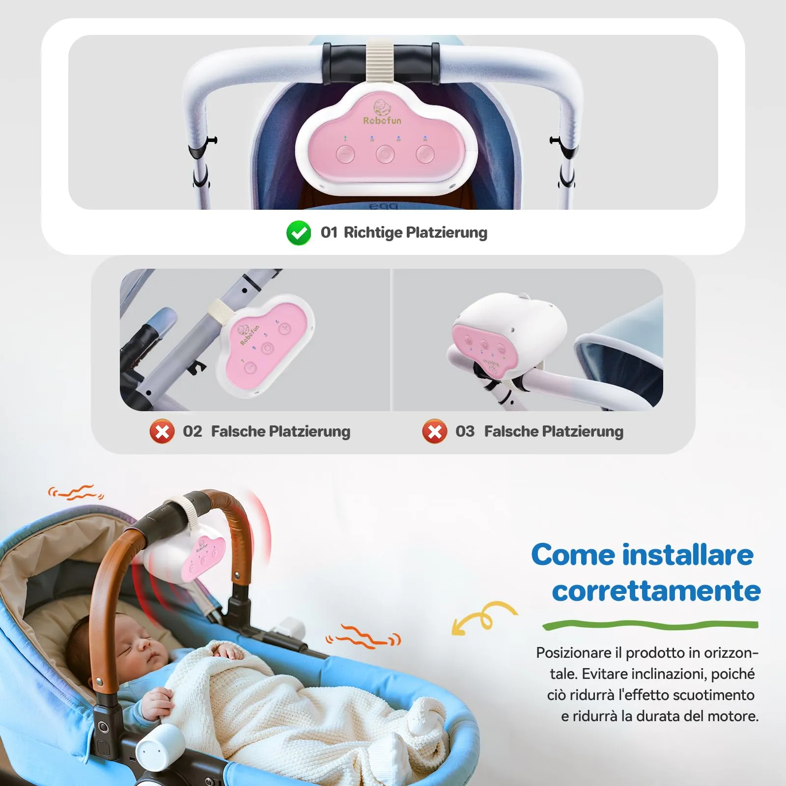 Robofun Dondolo Automatico per Passeggino, Dispositivo Elettrico Portatile con Timer, Velocità Regolabile e USB-C - immagine 8
