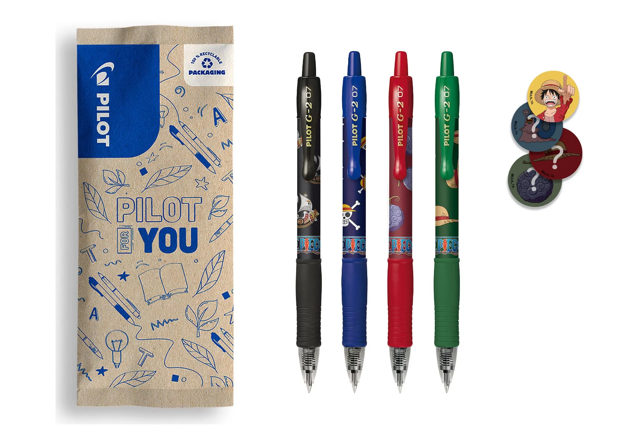 Pilot x One Piece G2 Gel Roller Pens, Set of 4 with Stickers, Medium Point, Black, Blue, Red, Green - immagine 1