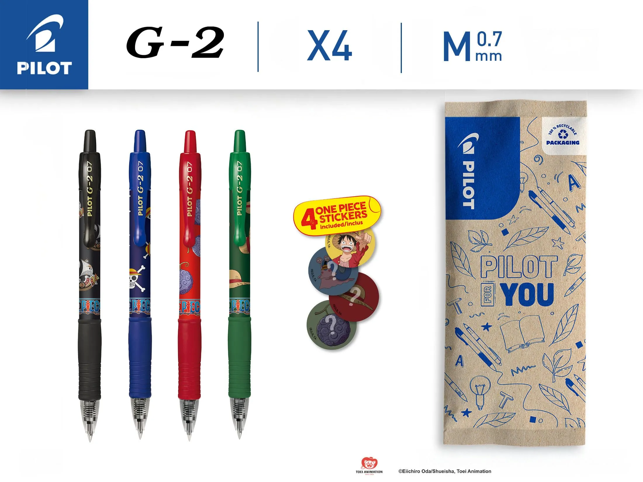 Pilot x One Piece G2 Gel Roller Pens, Set of 4 with Stickers, Medium Point, Black, Blue, Red, Green - immagine 2