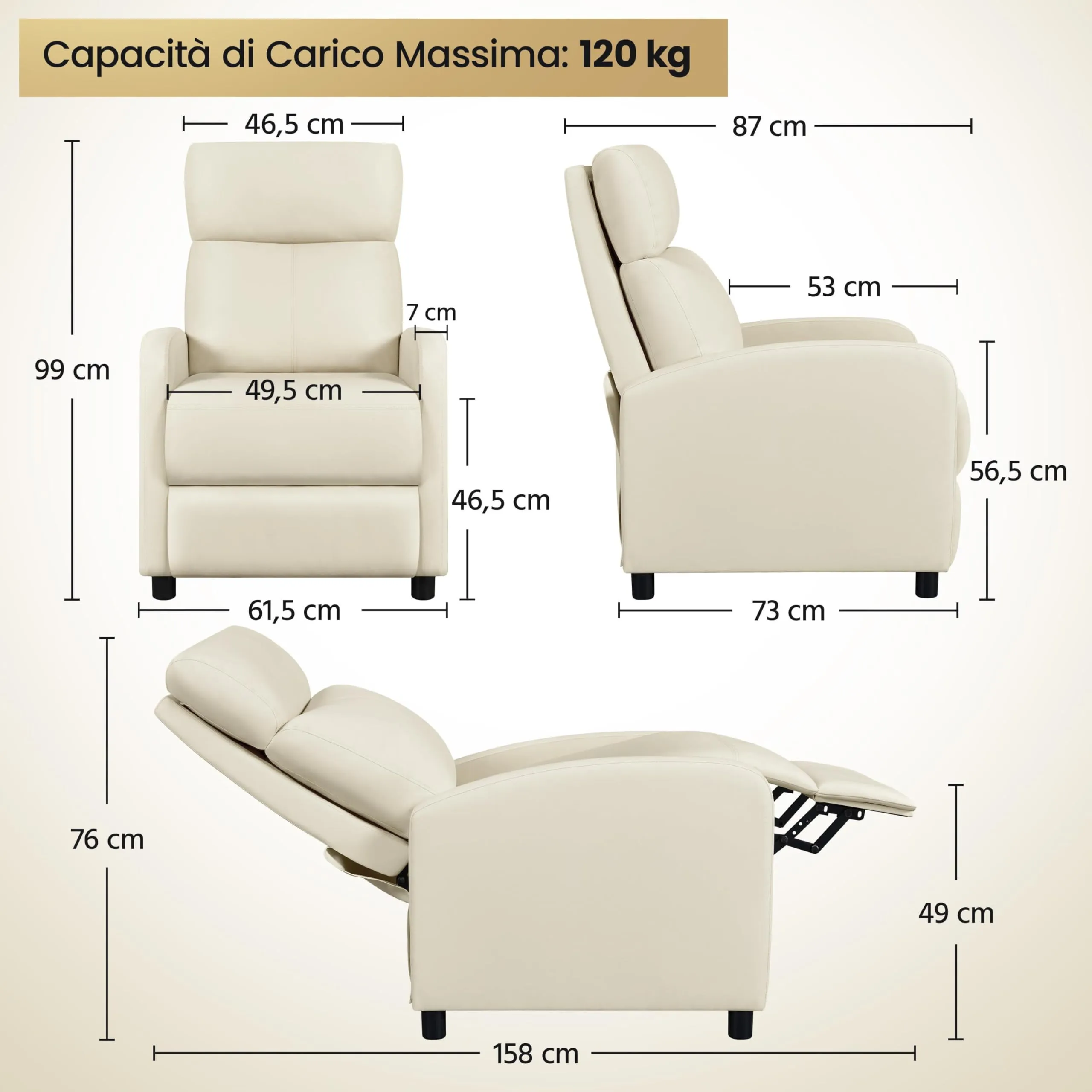 Yaheetech Poltrona Relax Reclinabile con Poggiapiedi, Beige - immagine 3