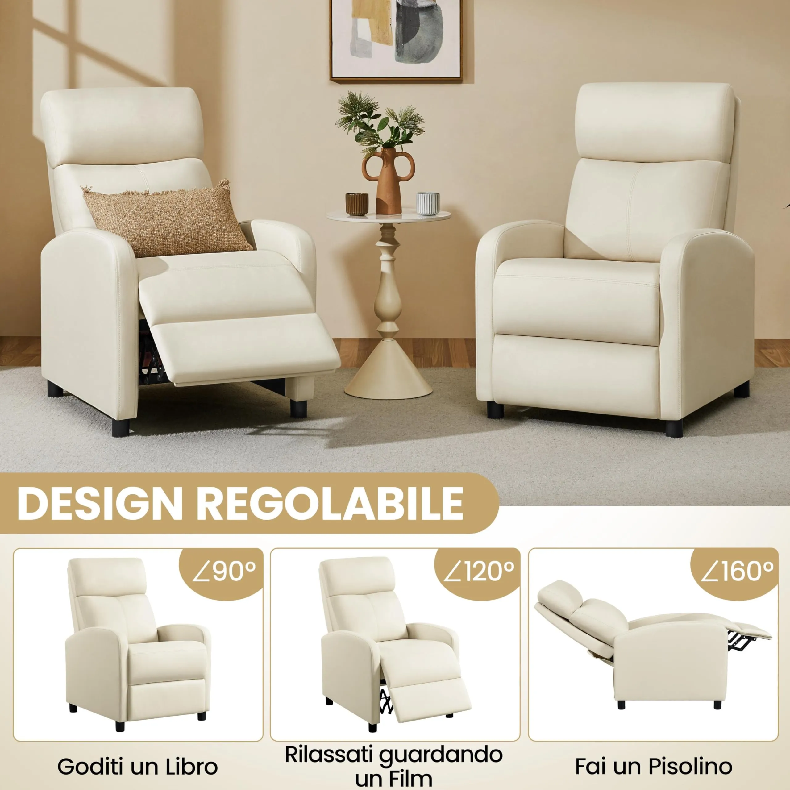 Yaheetech Poltrona Relax Reclinabile con Poggiapiedi, Beige - immagine 4