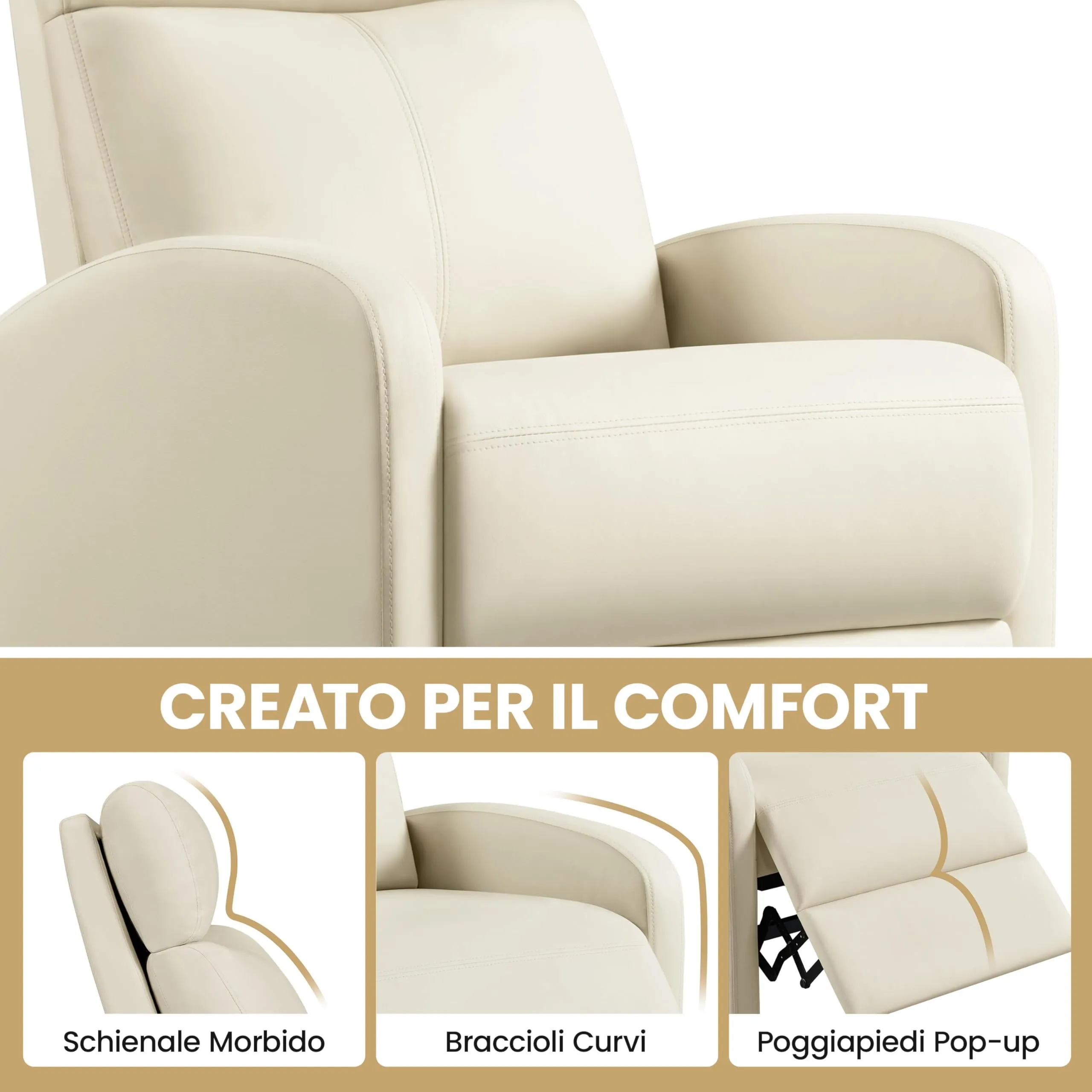 Yaheetech Poltrona Relax Reclinabile con Poggiapiedi, Beige - immagine 5
