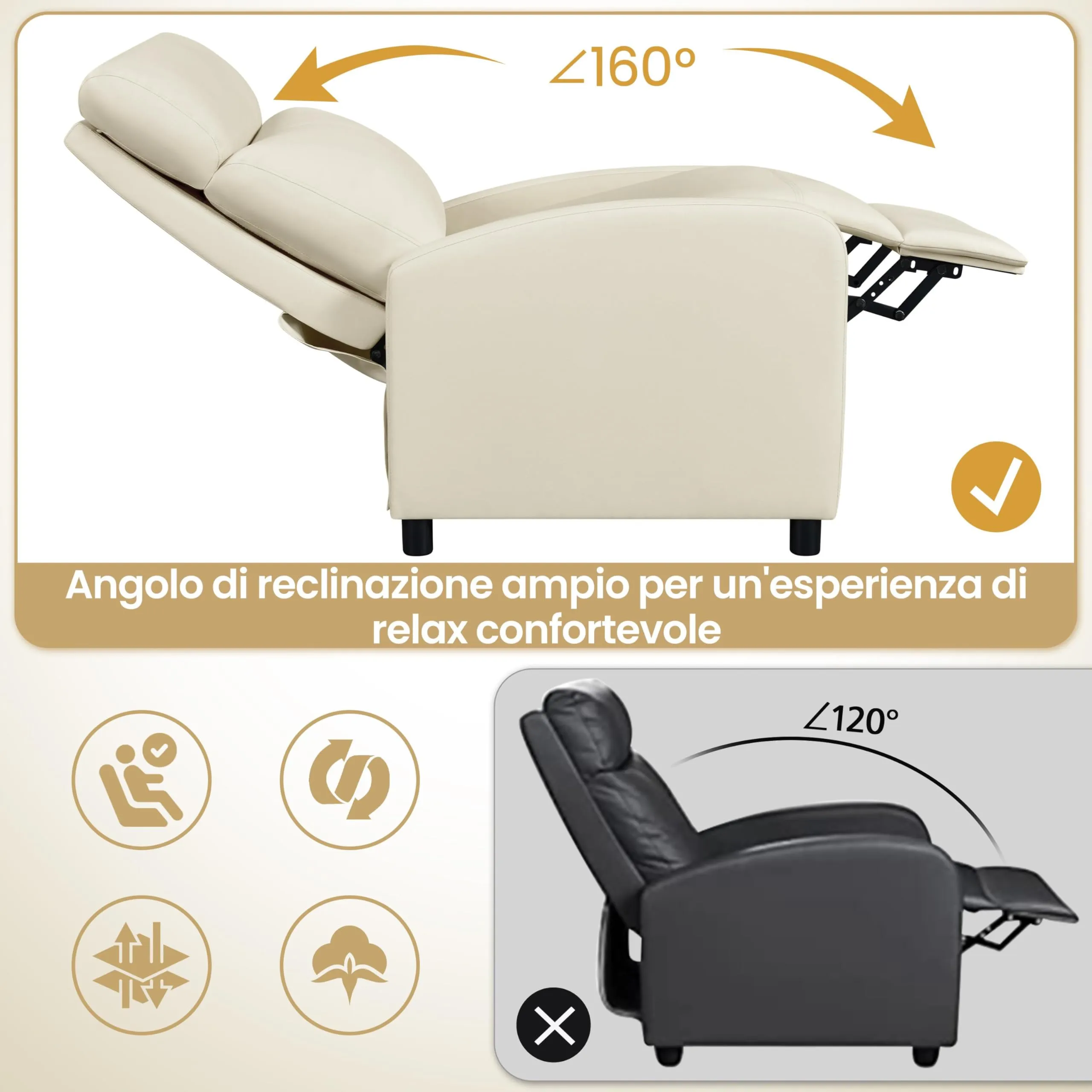 Yaheetech Poltrona Relax Reclinabile con Poggiapiedi, Beige - immagine 7