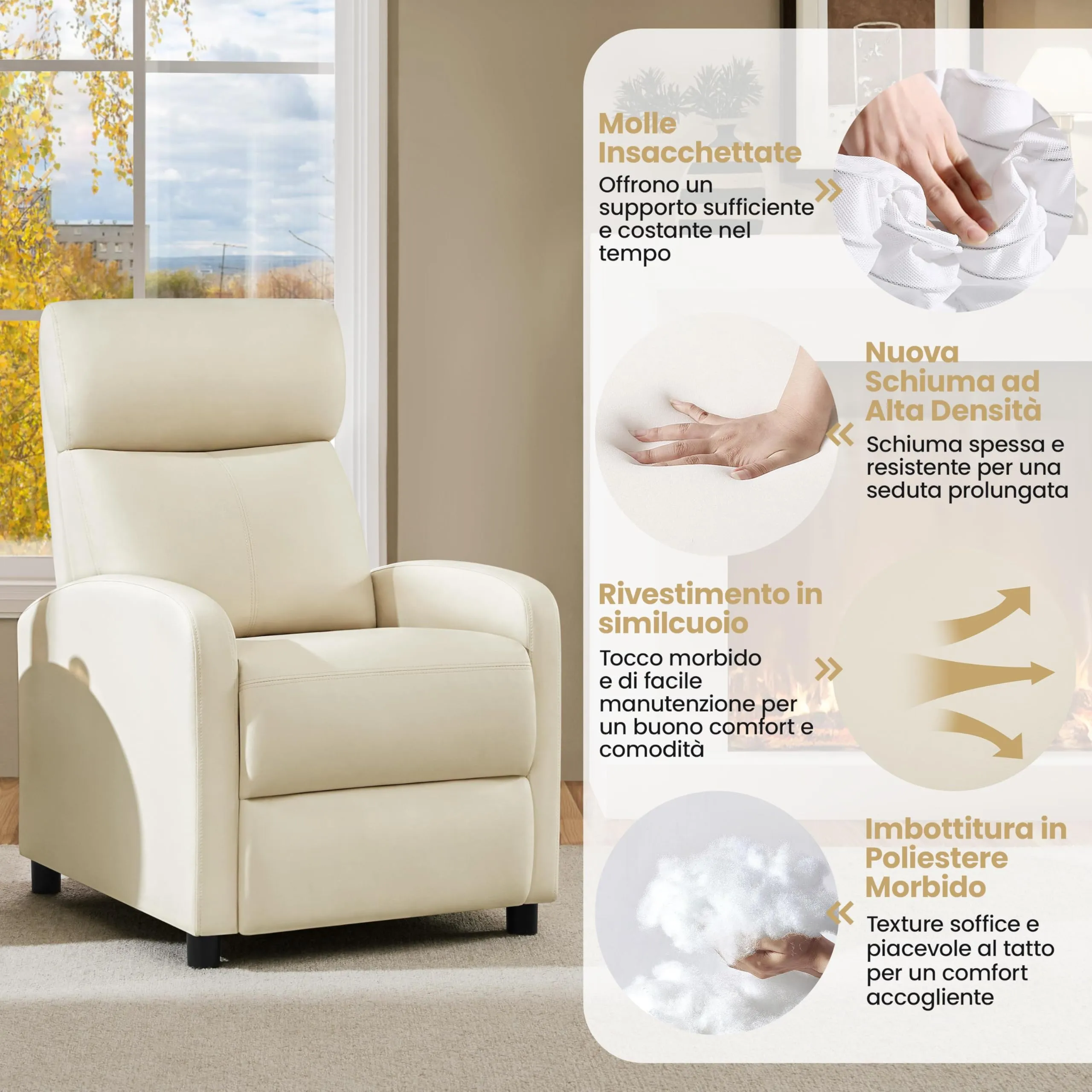 Yaheetech Poltrona Relax Reclinabile con Poggiapiedi, Beige - immagine 9