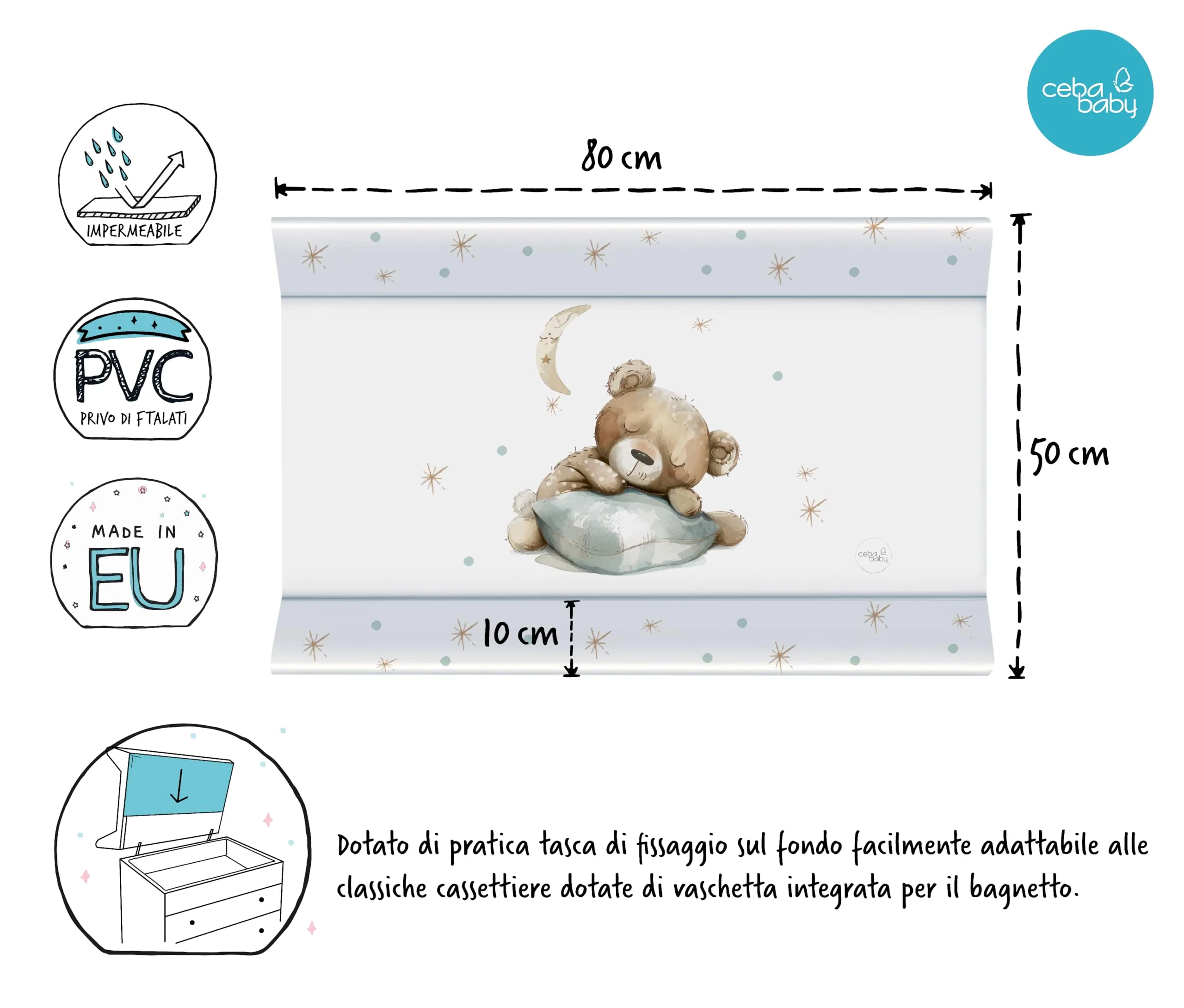 Ceba Baby Materassino Fasciatoio 80x50 cm con Bordo Rialzato Impermeabile - Leone, il re - immagine 3