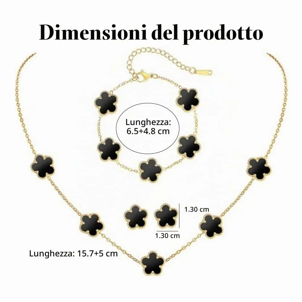 XFSRG Set Gioielli Quadrifoglio in Acciaio Inossidabile Placcato Oro 18k con Collana, Orecchini e Bracciale, Nero - immagine 2