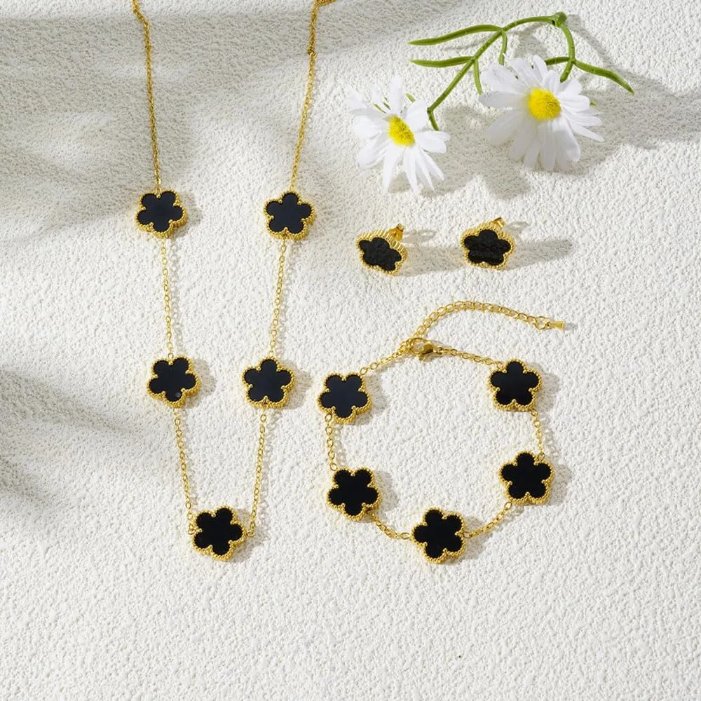 XFSRG Set Gioielli Quadrifoglio in Acciaio Inossidabile Placcato Oro 18k con Collana, Orecchini e Bracciale, Nero - immagine 3