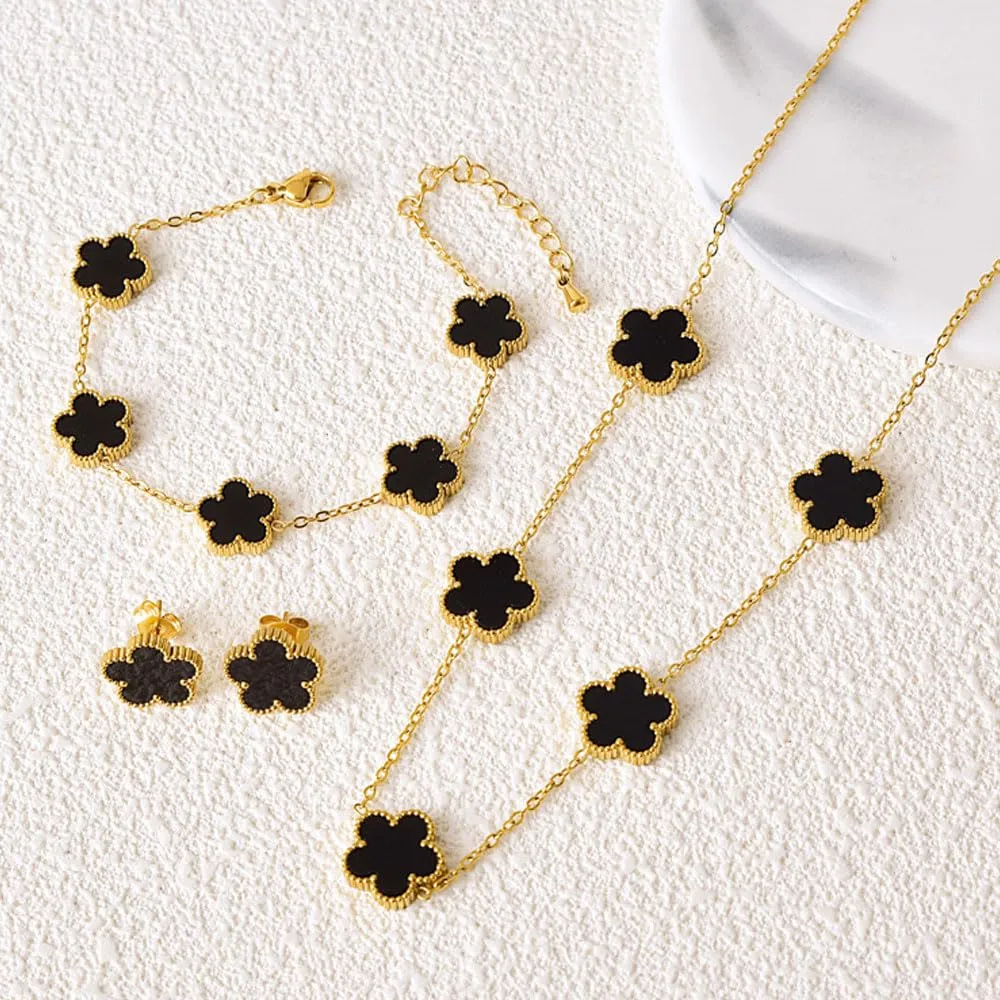 XFSRG Set Gioielli Quadrifoglio in Acciaio Inossidabile Placcato Oro 18k con Collana, Orecchini e Bracciale, Nero - immagine 4