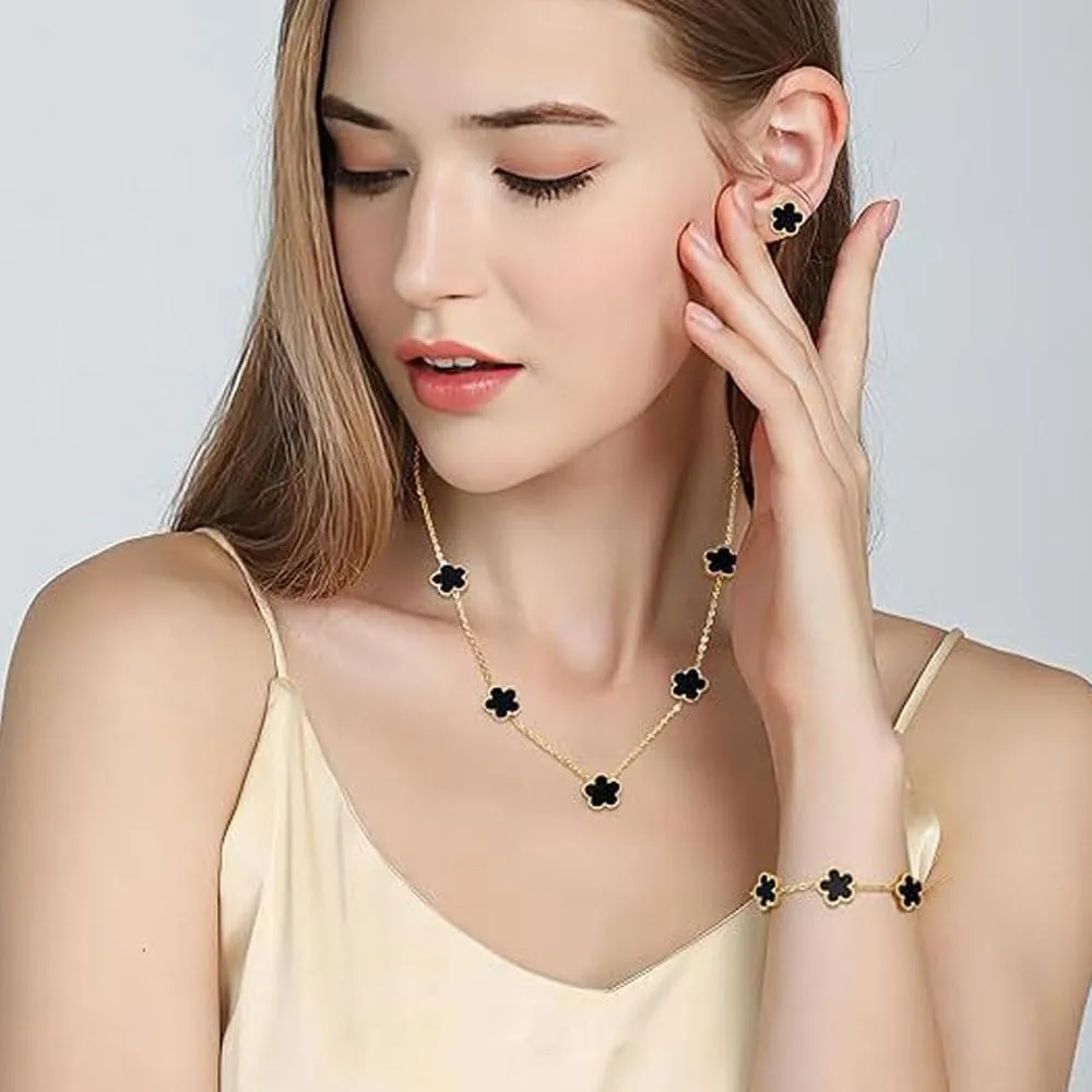 XFSRG Set Gioielli Quadrifoglio in Acciaio Inossidabile Placcato Oro 18k con Collana, Orecchini e Bracciale, Nero - immagine 5