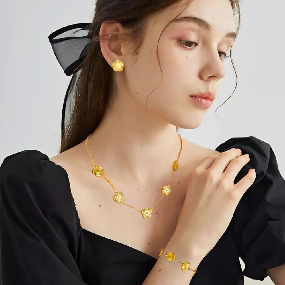 XFSRG Set Gioielli Quadrifoglio con Collana, Orecchini e Bracciale in Acciaio Inossidabile Placcato Oro 18k, Set Cinque Foglie per Donna e Ragazze - immagine 7