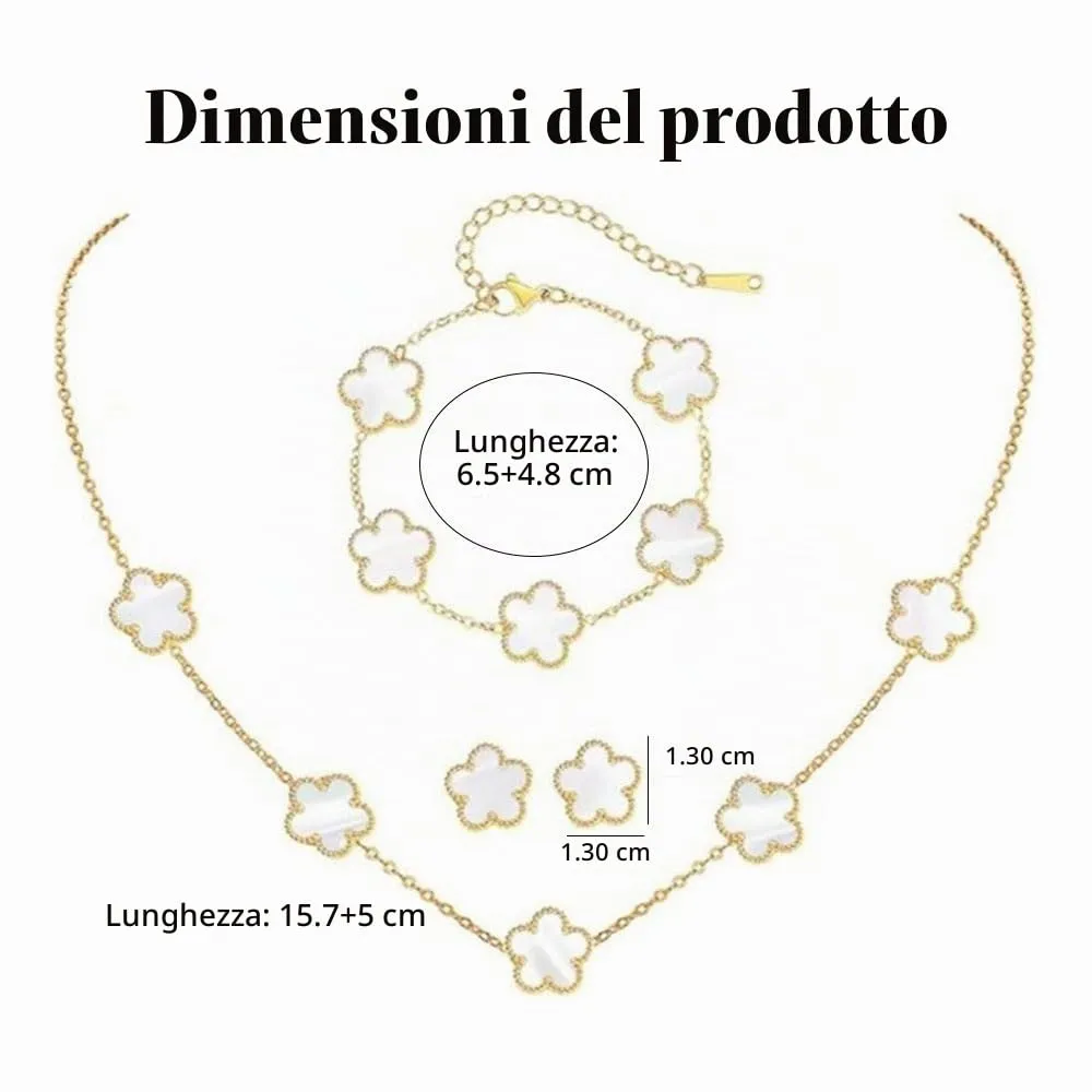 XFSRG Parure Gioielli Quadrifoglio in Acciaio Inossidabile Placcato Oro 18k con Collana, Orecchini e Bracciale per Donna e Ragazze (Bianco) - immagine 2