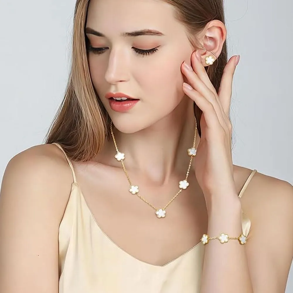 XFSRG Parure Gioielli Quadrifoglio in Acciaio Inossidabile Placcato Oro 18k con Collana, Orecchini e Bracciale per Donna e Ragazze (Bianco) - immagine 5