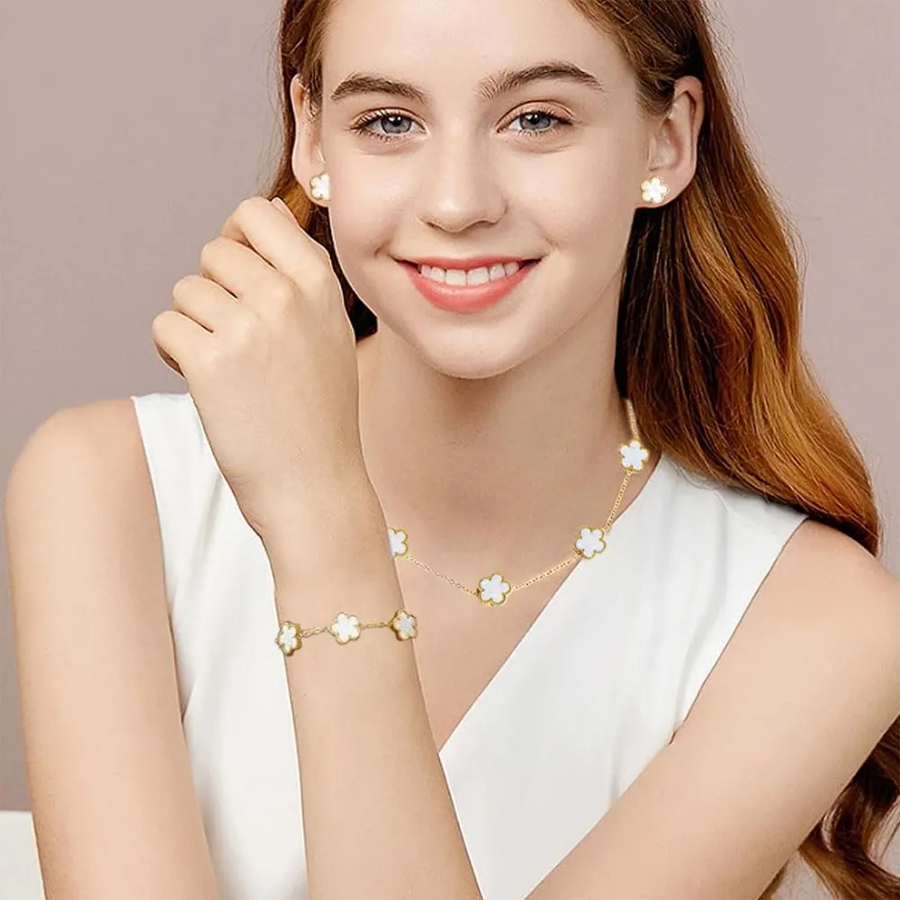 XFSRG Parure Gioielli Quadrifoglio in Acciaio Inossidabile Placcato Oro 18k con Collana, Orecchini e Bracciale per Donna e Ragazze (Bianco) - immagine 7