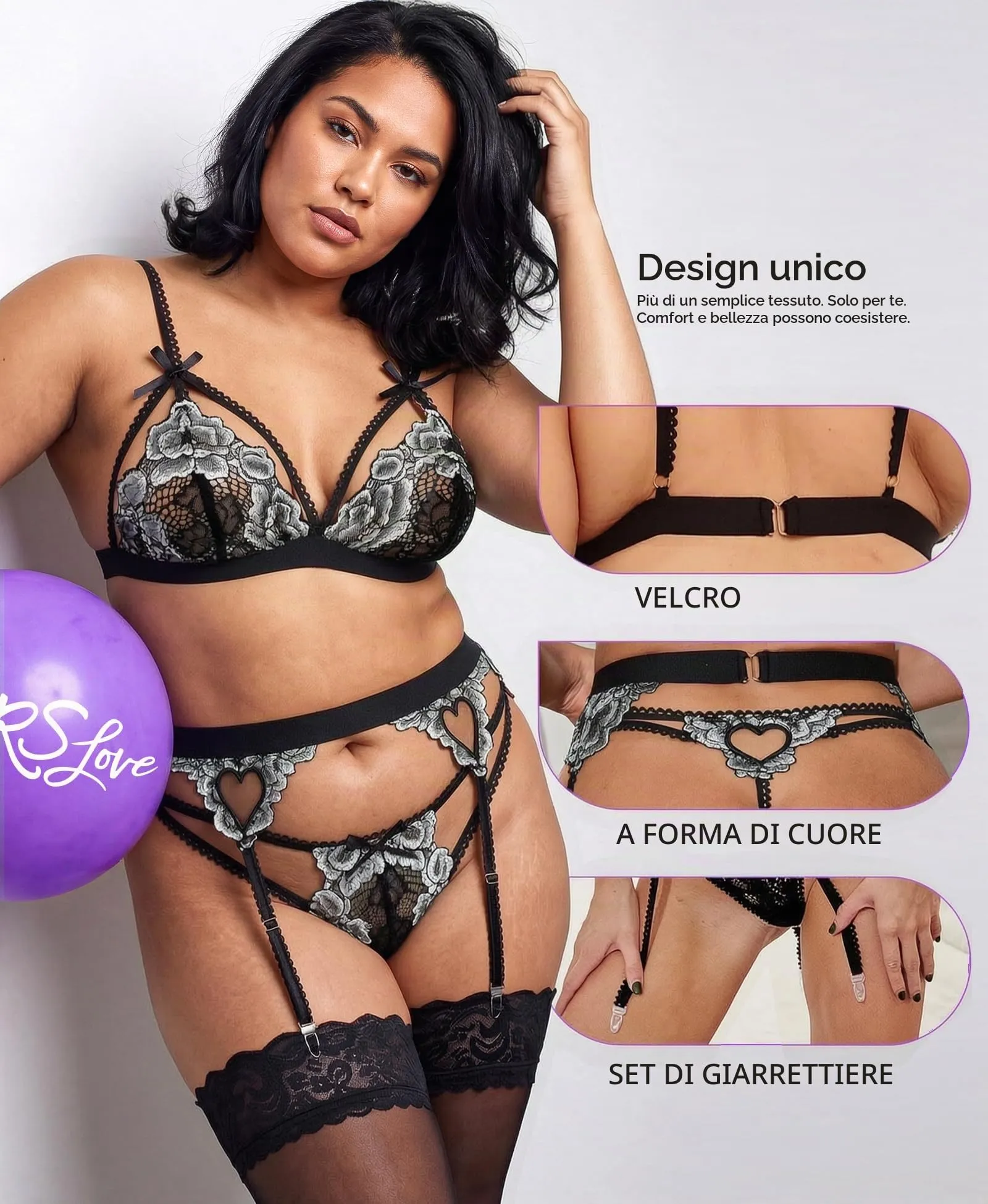 RSLOVE Set Lingerie in Pizzo da 3 Pezzi con Reggiseno, Mutandine e Reggicalze, S - immagine 3