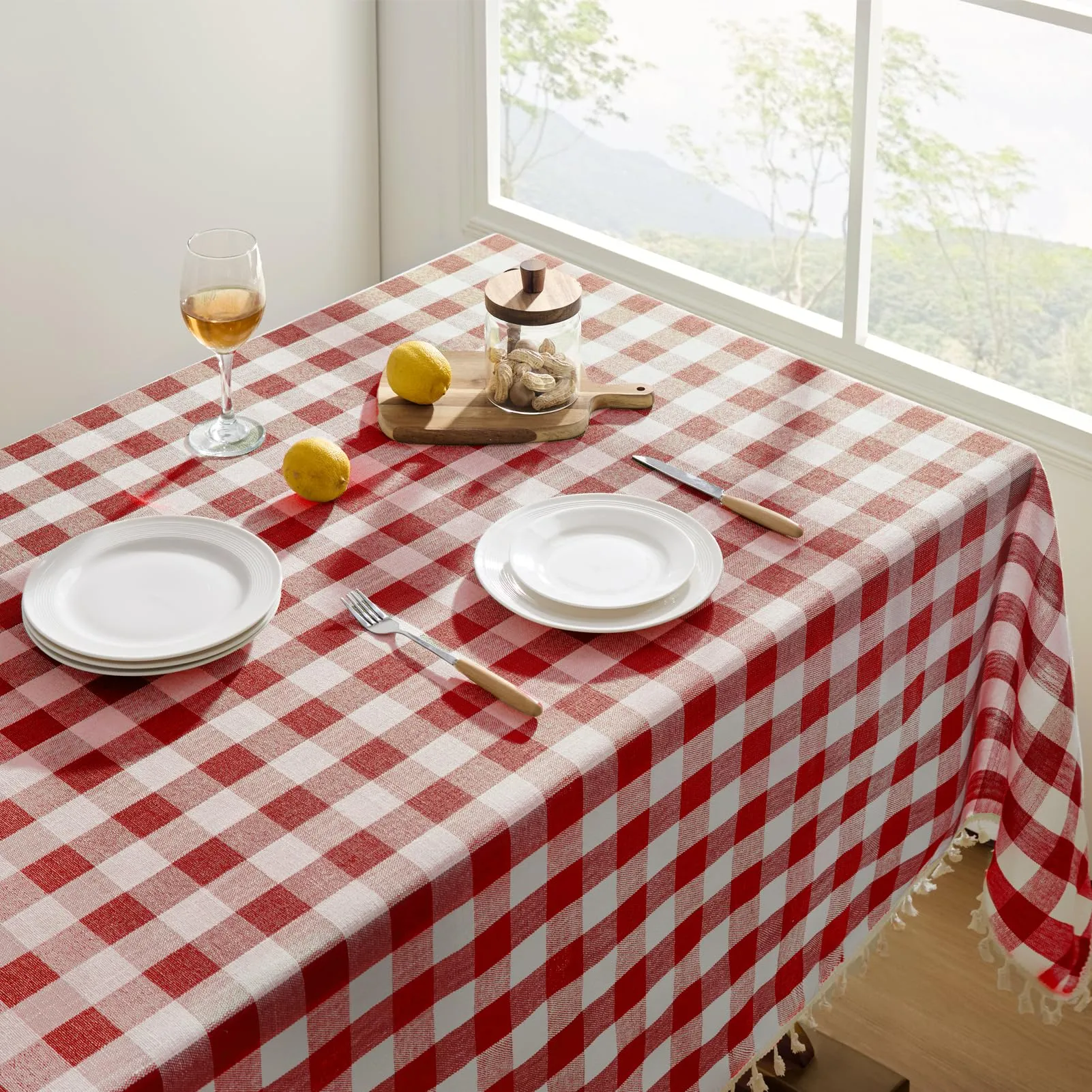 Softalker Tovaglia rettangolare a scacchi in lino, stile bohémien con nappa, 140 x 260 cm, rosso - immagine 2