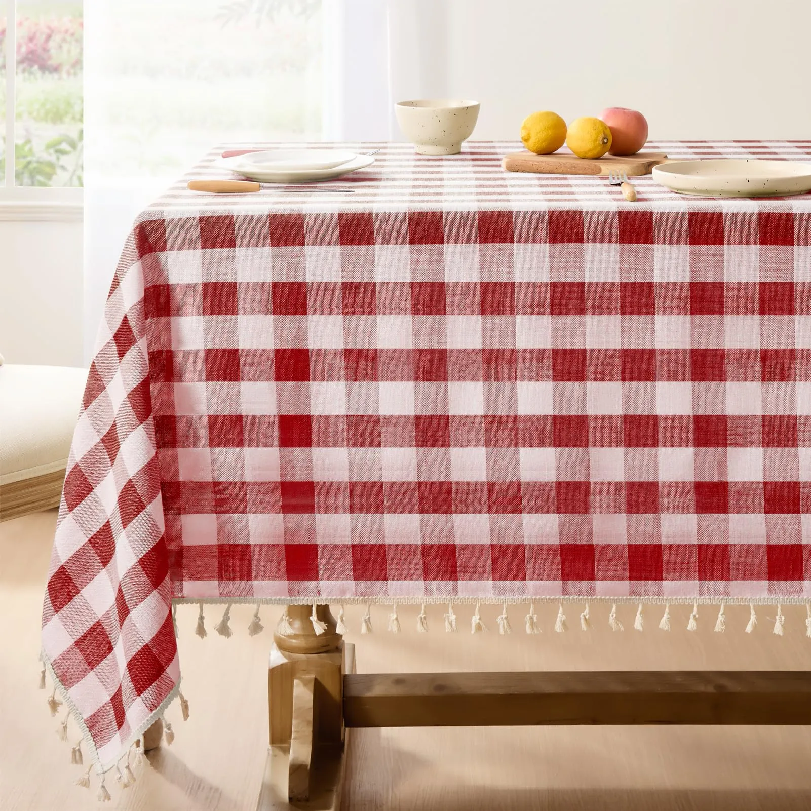 Softalker Tovaglia a scacchi in lino e cotone con nappe, 140 x 213 cm, Rosso - immagine 1