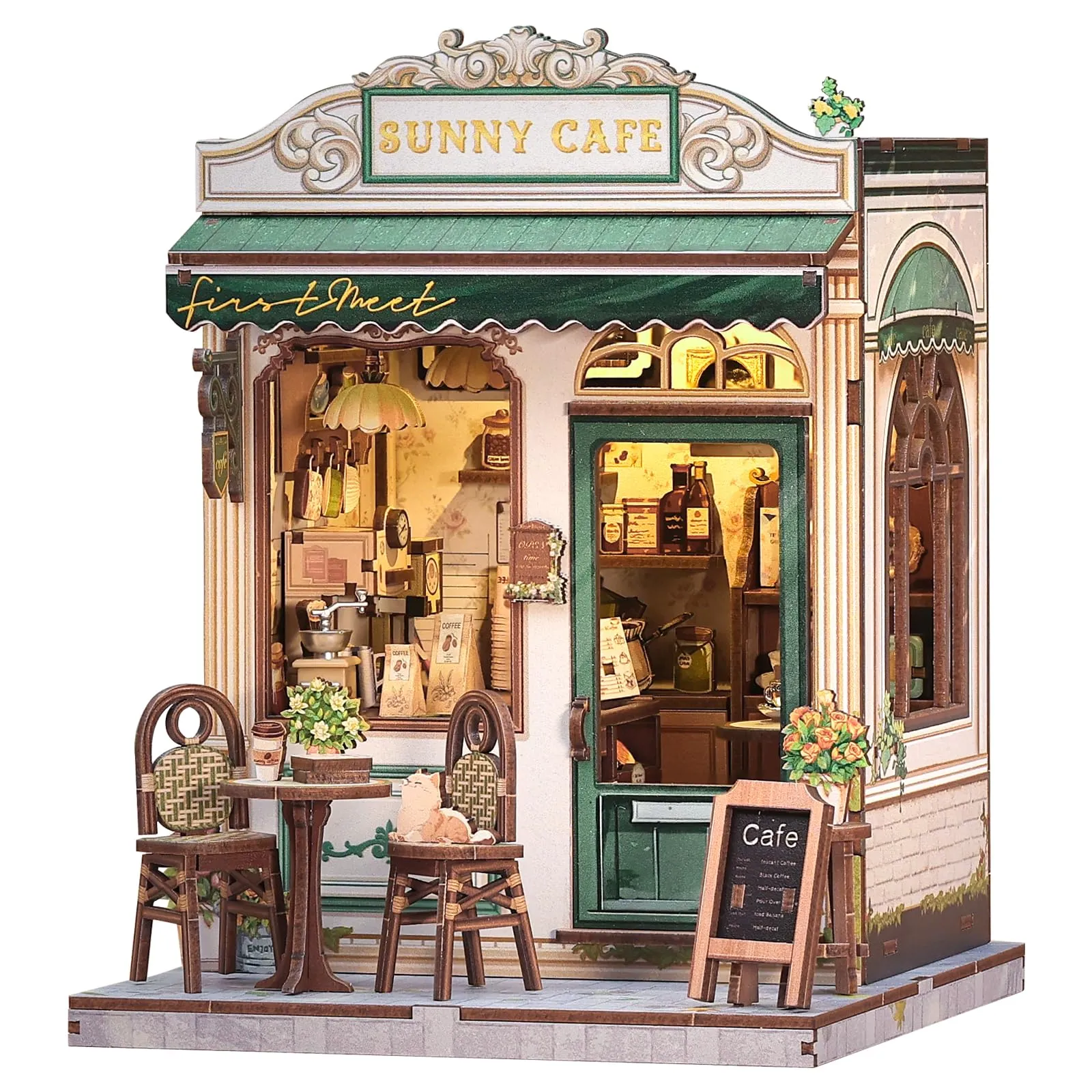 CUTEBEE Book Nook Kit Sunny Cafe - Miniature DIY House with LED Lights, 3D Wooden Bookends, Vintage Cream and Green Decoration - immagine 1