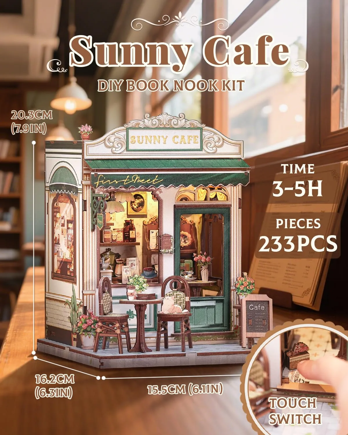 CUTEBEE Book Nook Kit Sunny Cafe - Miniature DIY House with LED Lights, 3D Wooden Bookends, Vintage Cream and Green Decoration - immagine 2