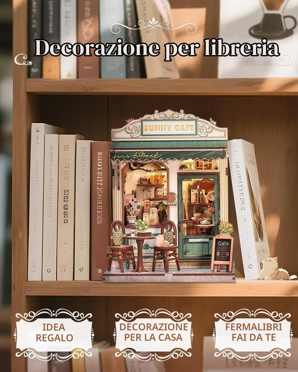 CUTEBEE Book Nook Kit Sunny Cafe - Miniature DIY House with LED Lights, 3D Wooden Bookends, Vintage Cream and Green Decoration - immagine 3