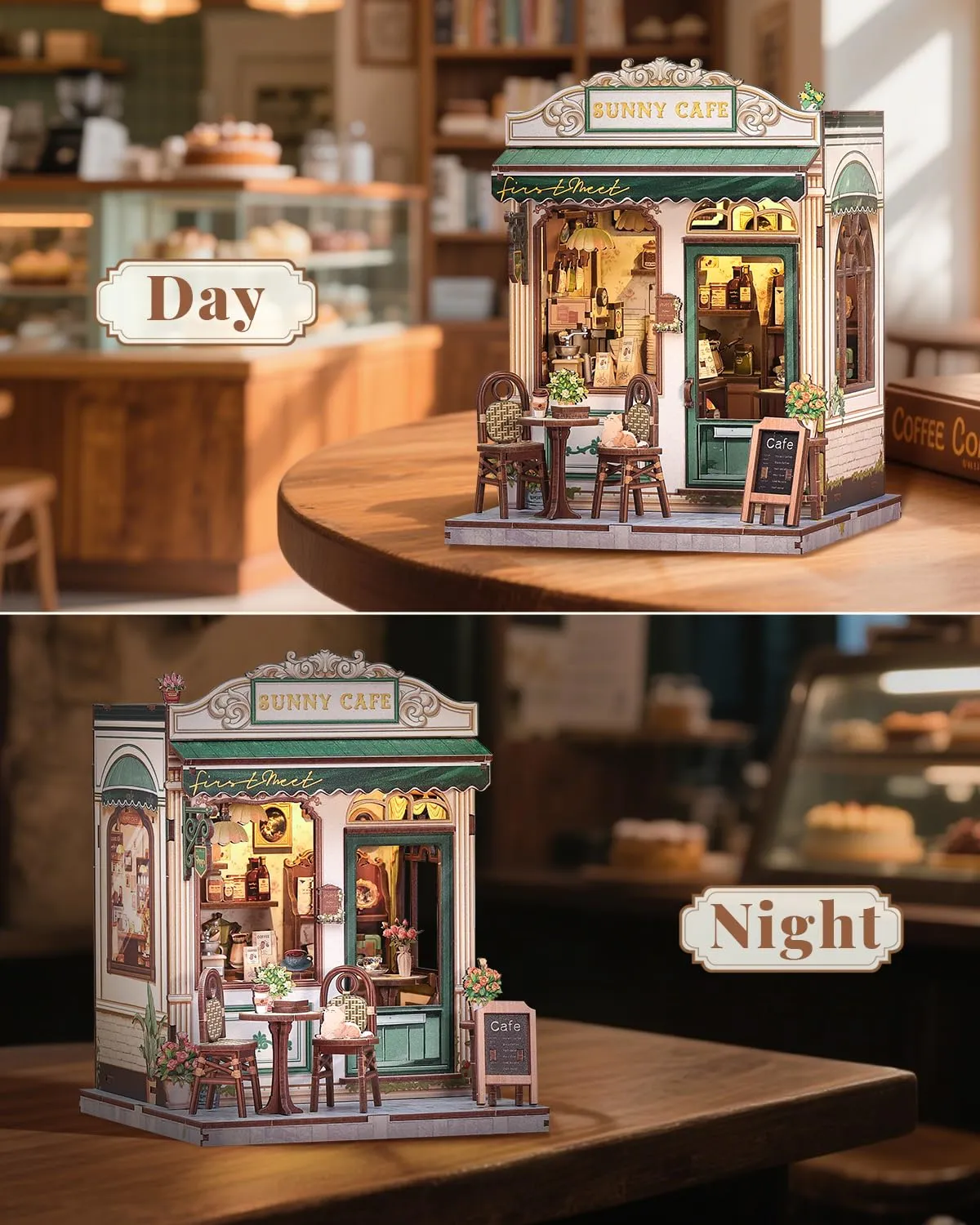 CUTEBEE Book Nook Kit Sunny Cafe - Miniature DIY House with LED Lights, 3D Wooden Bookends, Vintage Cream and Green Decoration - immagine 4