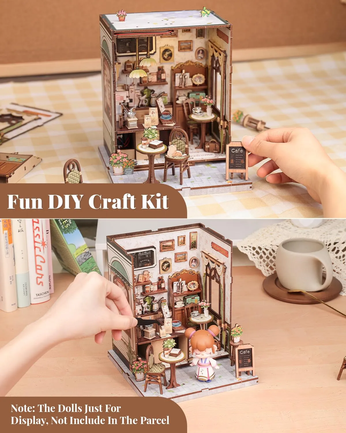 CUTEBEE Book Nook Kit Sunny Cafe - Miniature DIY House with LED Lights, 3D Wooden Bookends, Vintage Cream and Green Decoration - immagine 5