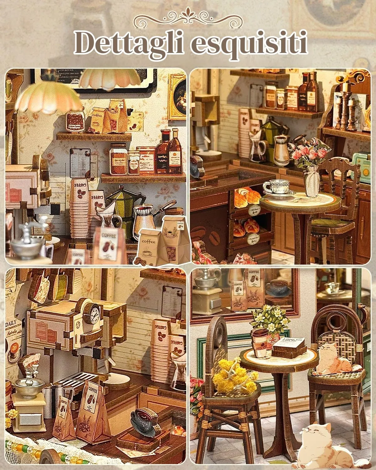 CUTEBEE Book Nook Kit Sunny Cafe - Miniature DIY House with LED Lights, 3D Wooden Bookends, Vintage Cream and Green Decoration - immagine 6