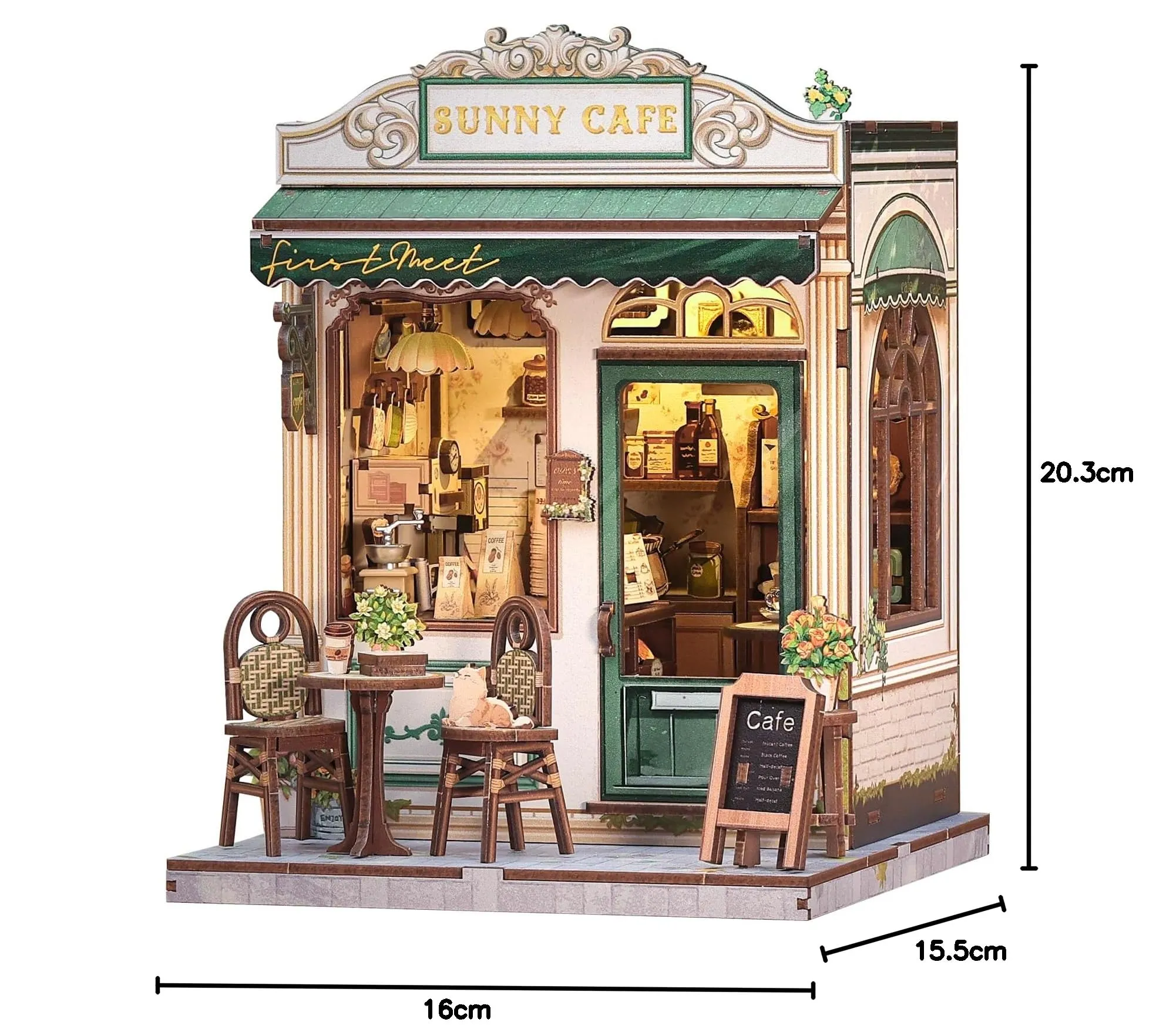 CUTEBEE Book Nook Kit Sunny Cafe - Miniature DIY House with LED Lights, 3D Wooden Bookends, Vintage Cream and Green Decoration - immagine 7