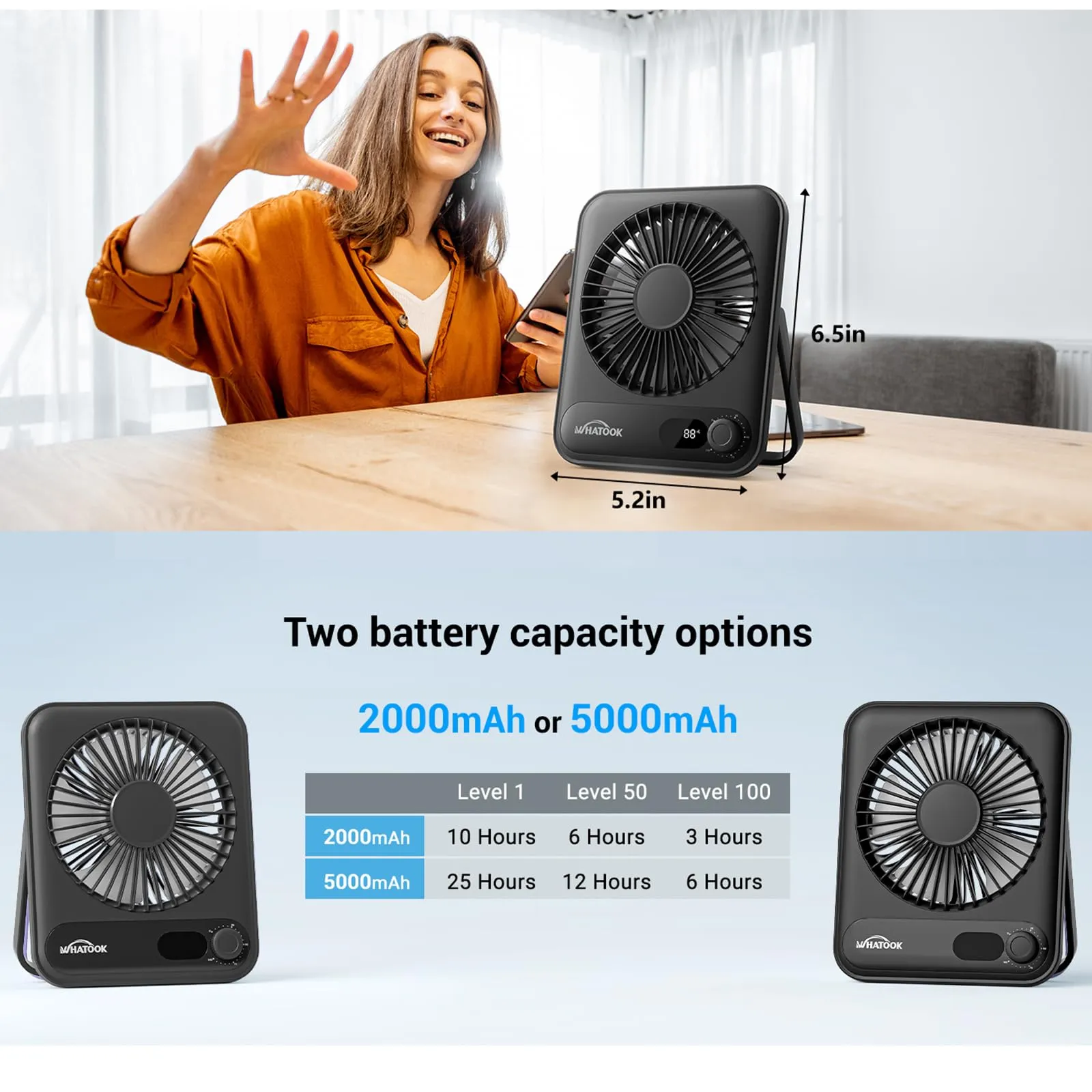WHATOOK Set di 2 Ventilatori da Tavolo Ricaricabili 5000 mAh HL008 - immagine 6