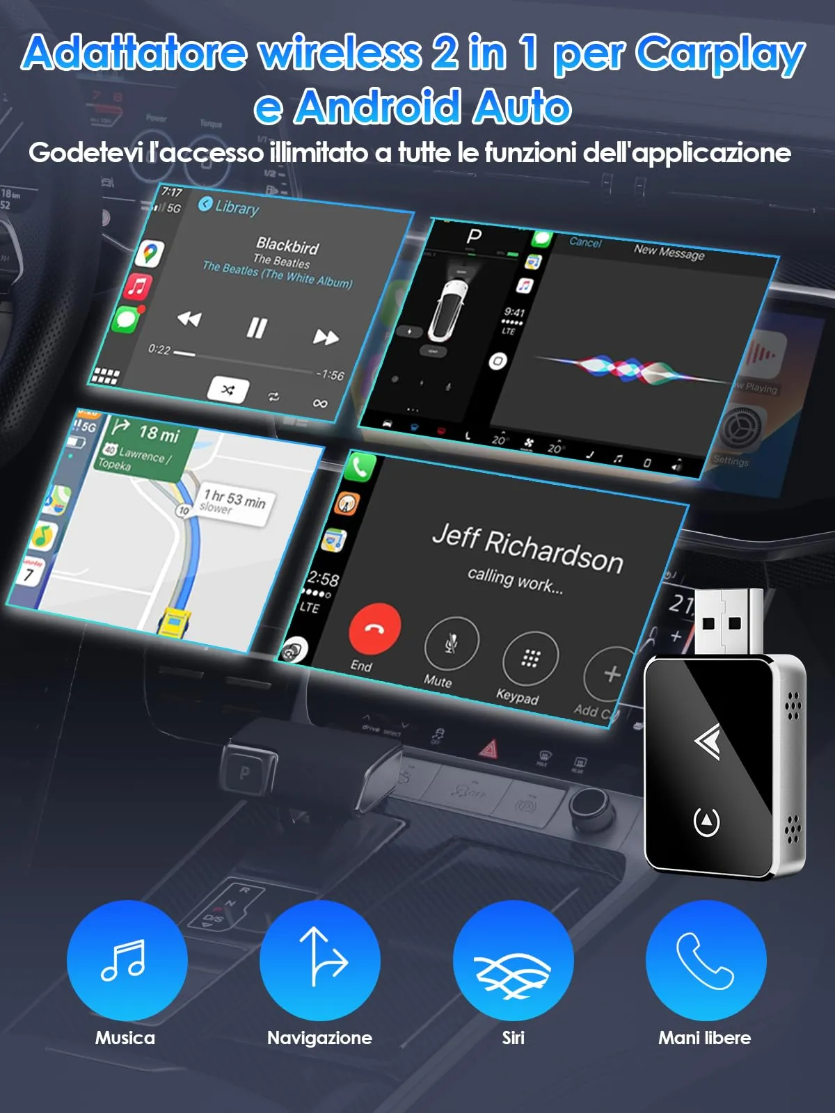 PARPAT Adattatore Wireless CarPlay e Android Auto USB/Type-C iOS 10+ Android 11+ - immagine 2