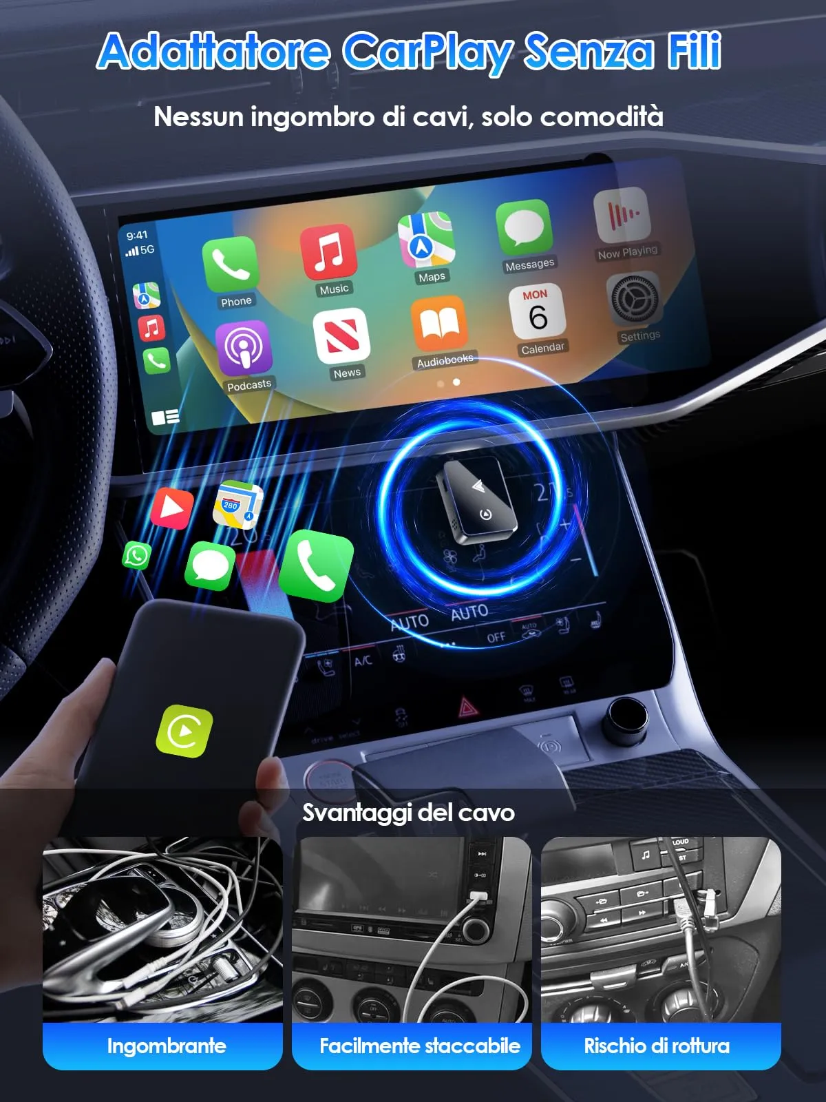 PARPAT Adattatore Wireless CarPlay e Android Auto USB/Type-C iOS 10+ Android 11+ - immagine 3