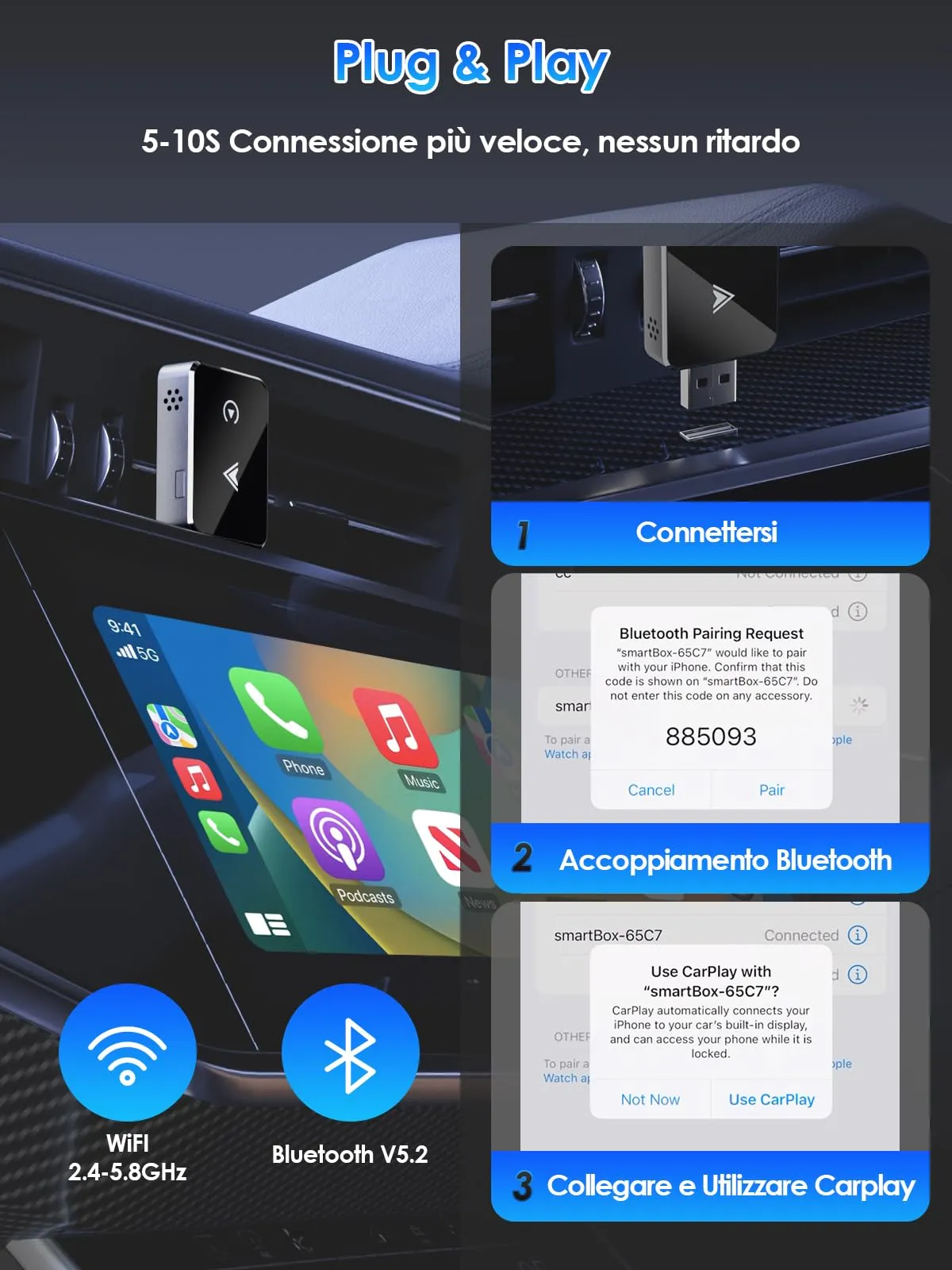 PARPAT Adattatore Wireless CarPlay e Android Auto USB/Type-C iOS 10+ Android 11+ - immagine 4