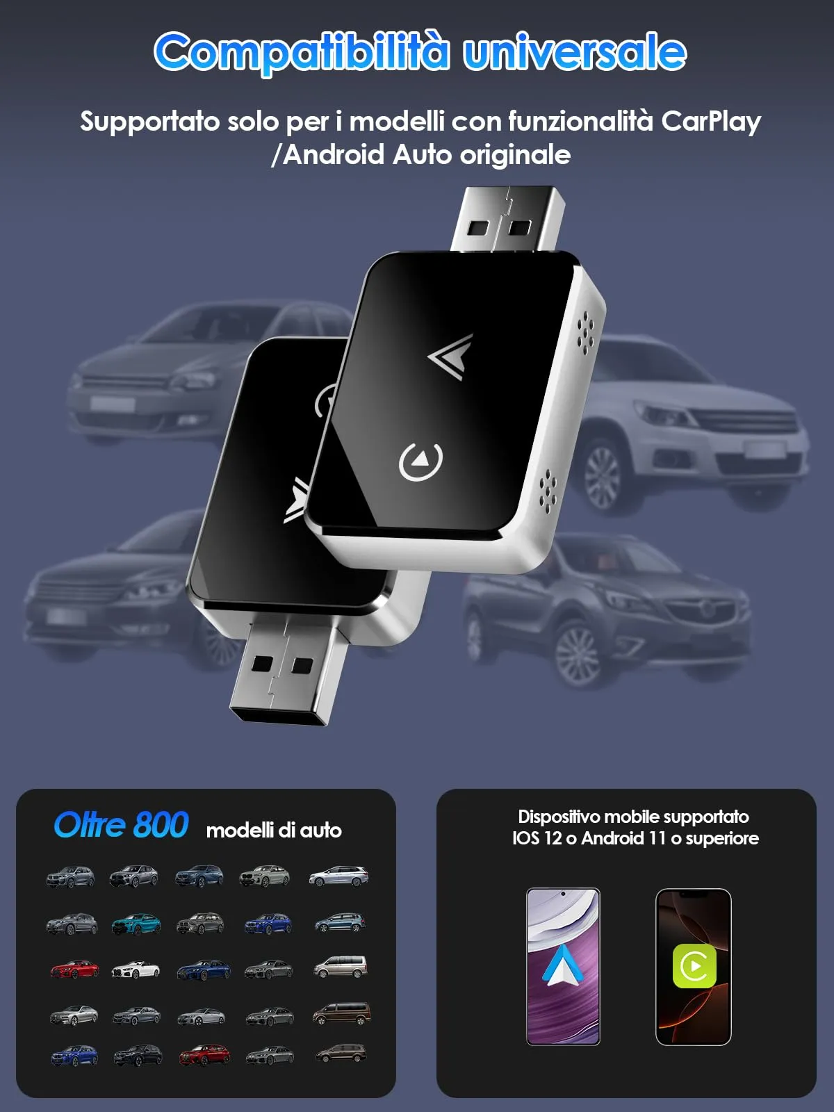 PARPAT Adattatore Wireless CarPlay e Android Auto USB/Type-C iOS 10+ Android 11+ - immagine 7
