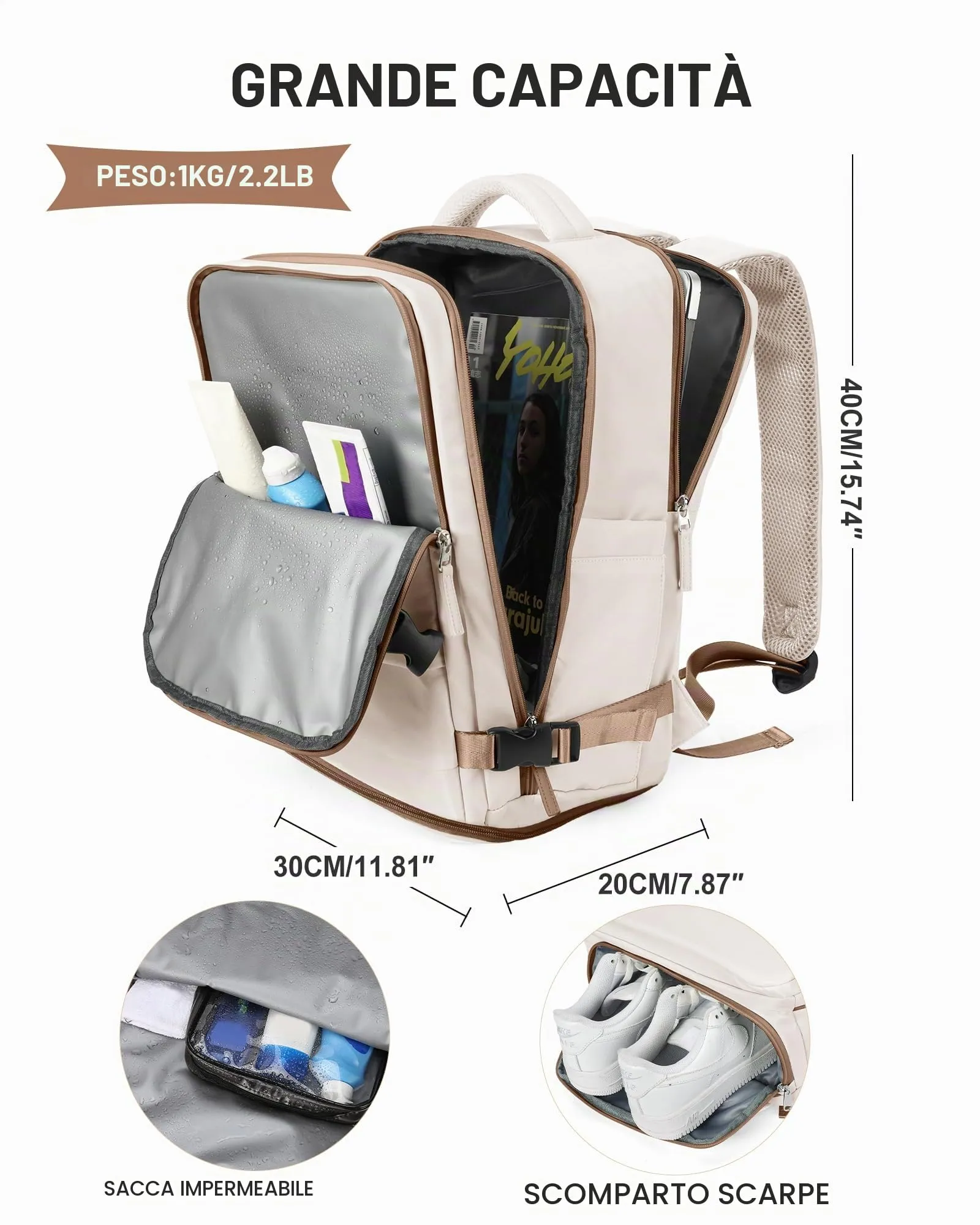 SZLX Zaino da Viaggio 40x30x20 Ryanair Wizzair Impermeabile con Scomparto per Scarpe e Laptop 14 Pollici - immagine 5