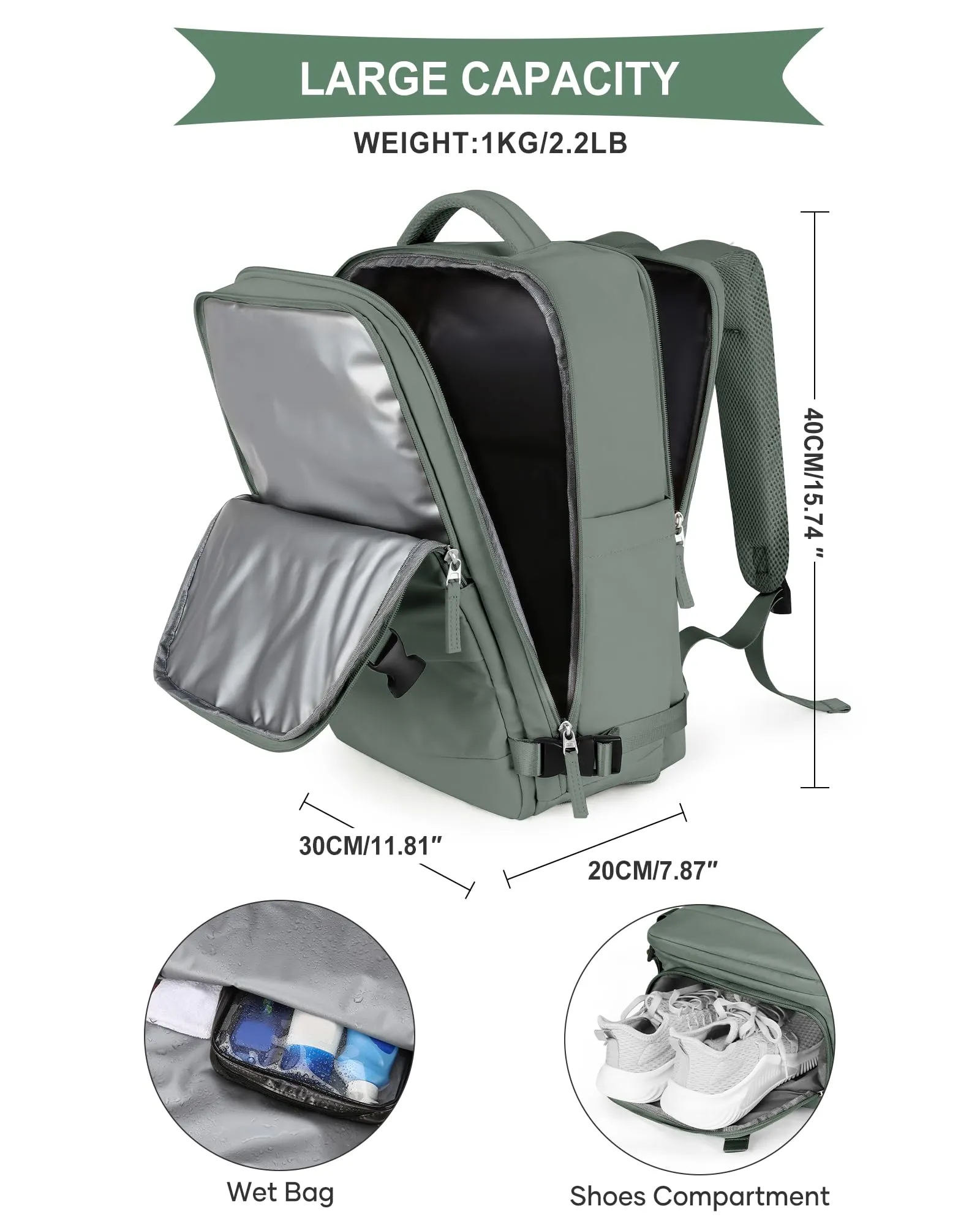 SZLX Zaino da Viaggio 40x30x20 per Ryanair e Wizzair, Impermeabile, Scomparto Laptop 14 Pollici e Scomparto per Scarpe - immagine 5