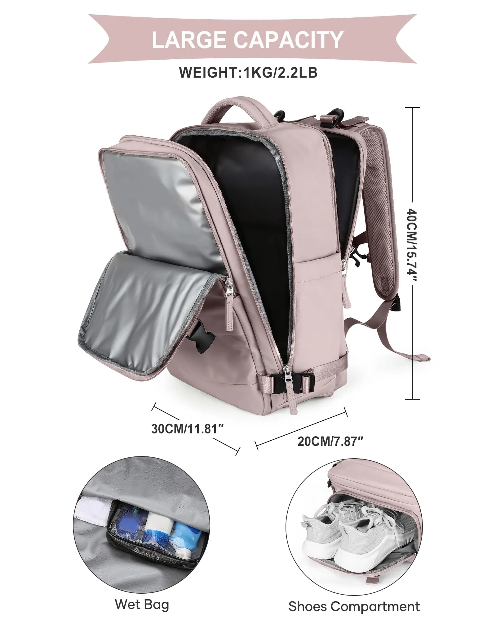 SZLX Zaino da Viaggio 40x30x20 Ryanair Wizzair Impermeabile con Scomparto Scarpe e Laptop 14 Pollici - immagine 5