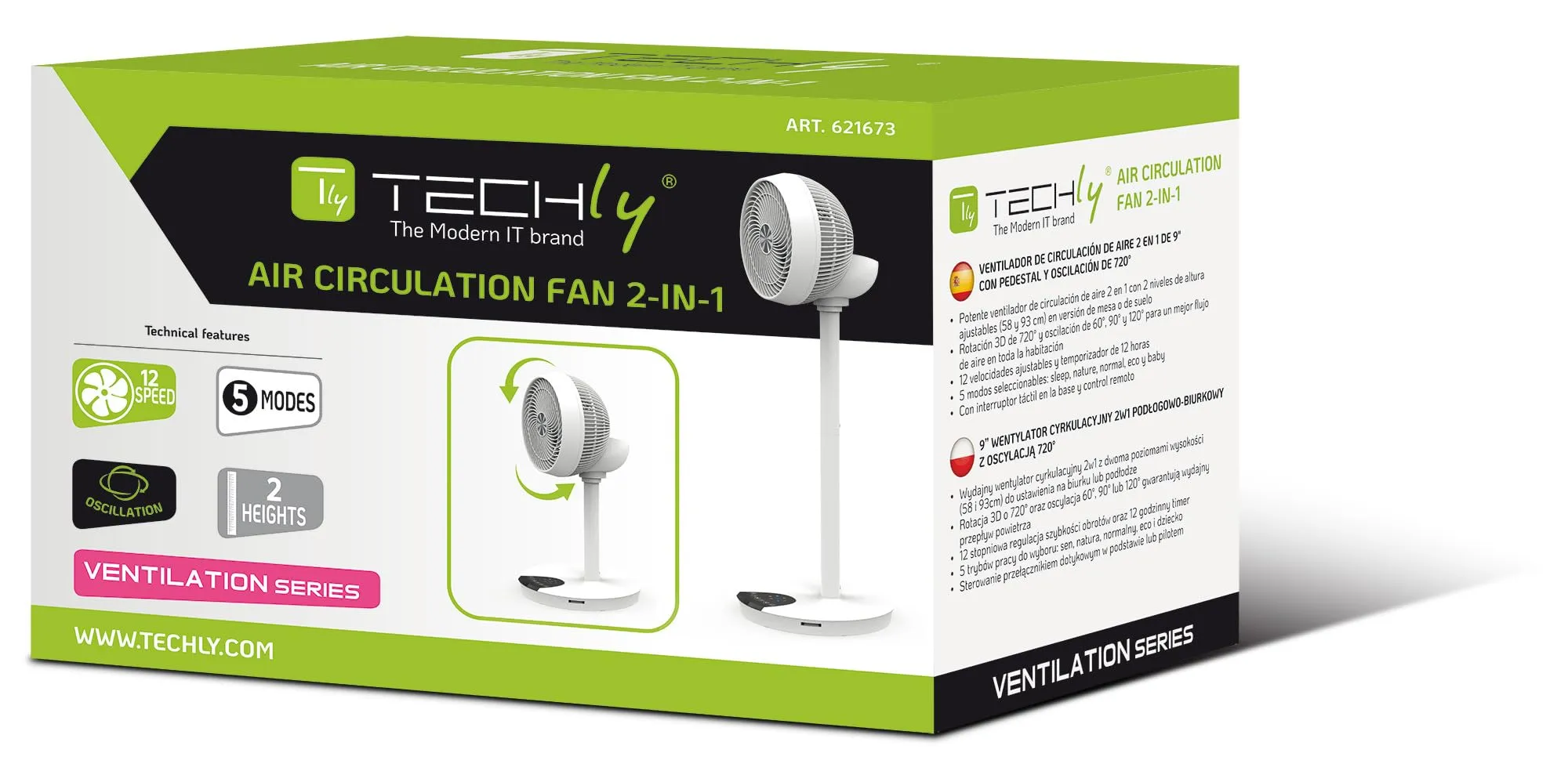 Techly 621673 Ventilatore 2 in 1 9" con Piantana, 12 velocità, Telecomando, Oscillazione 720° e Timer, Bianco - immagine 2