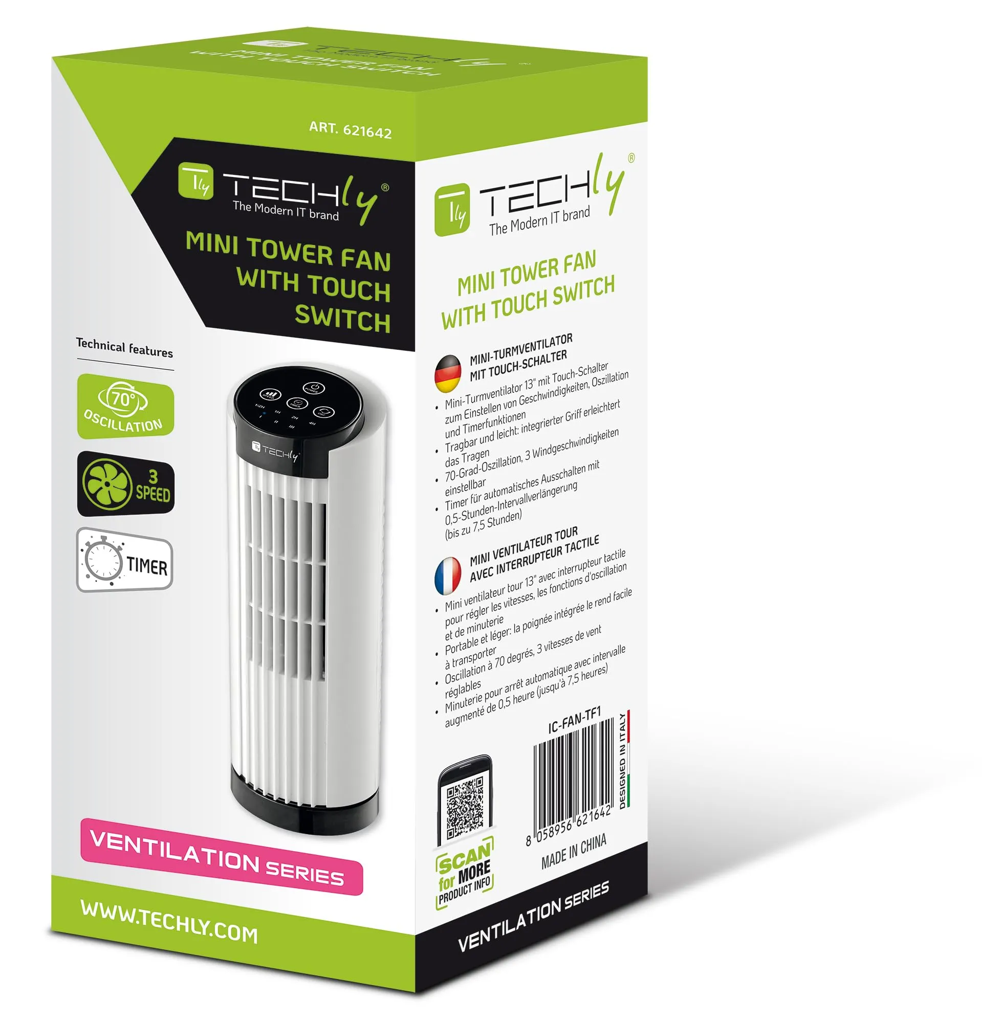 Techly 621642 Mini Ventilatore a Torre 13", 3 velocità, Oscillazione 70°, Timer, Bianco - immagine 2