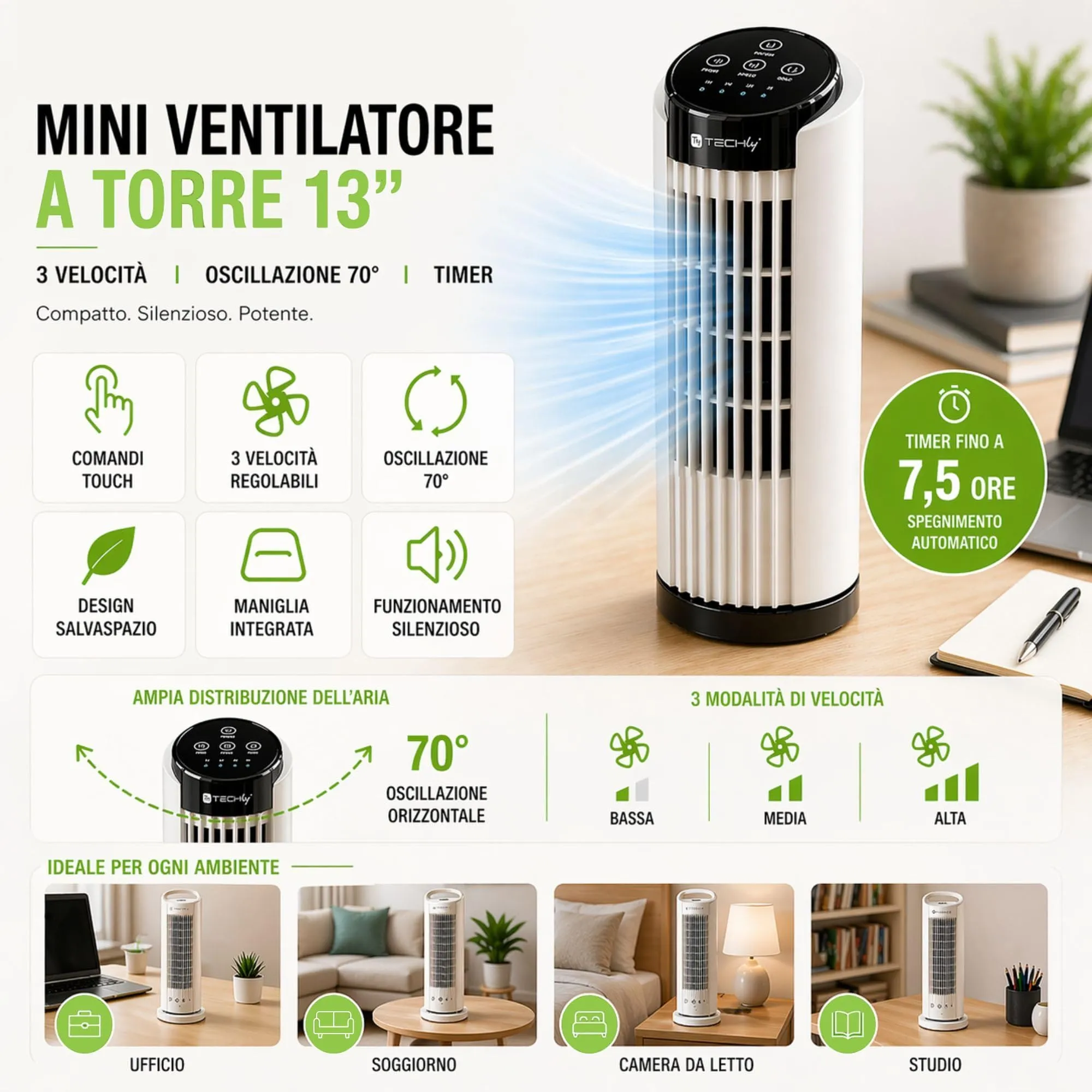 Techly 621642 Mini Ventilatore a Torre 13", 3 velocità, Oscillazione 70°, Timer, Bianco - immagine 4