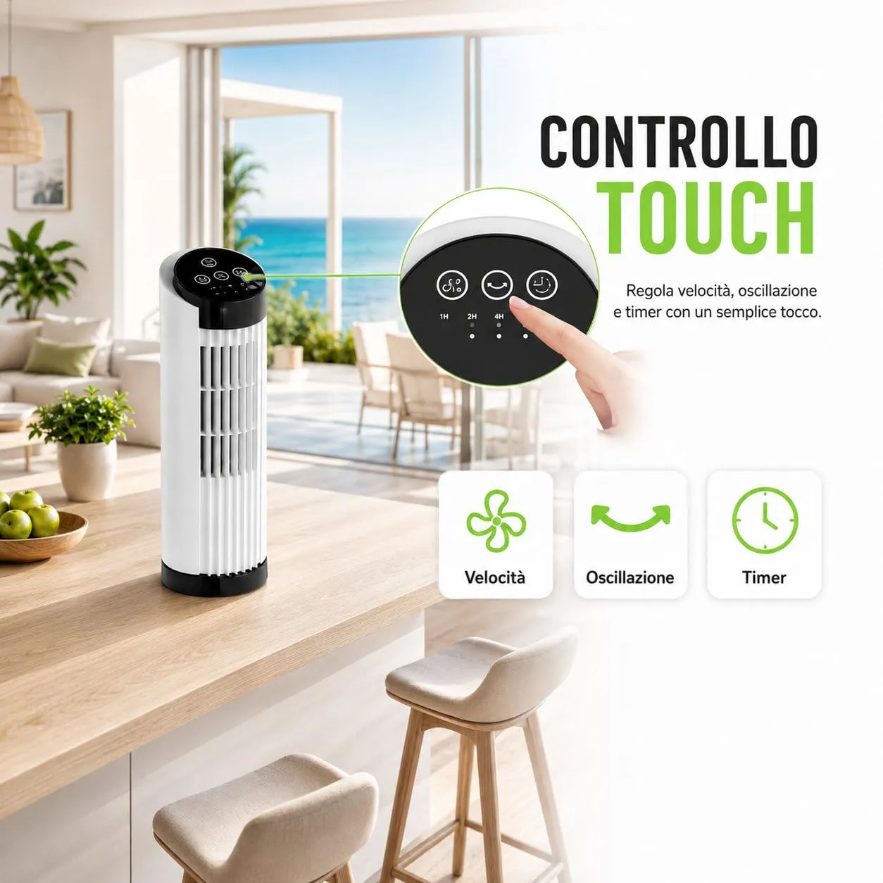 Techly 621642 Mini Ventilatore a Torre 13", 3 velocità, Oscillazione 70°, Timer, Bianco - immagine 5