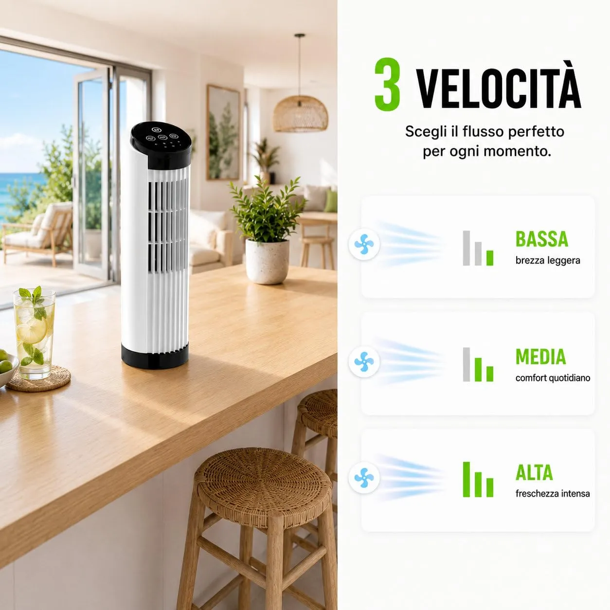 Techly 621642 Mini Ventilatore a Torre 13", 3 velocità, Oscillazione 70°, Timer, Bianco - immagine 6