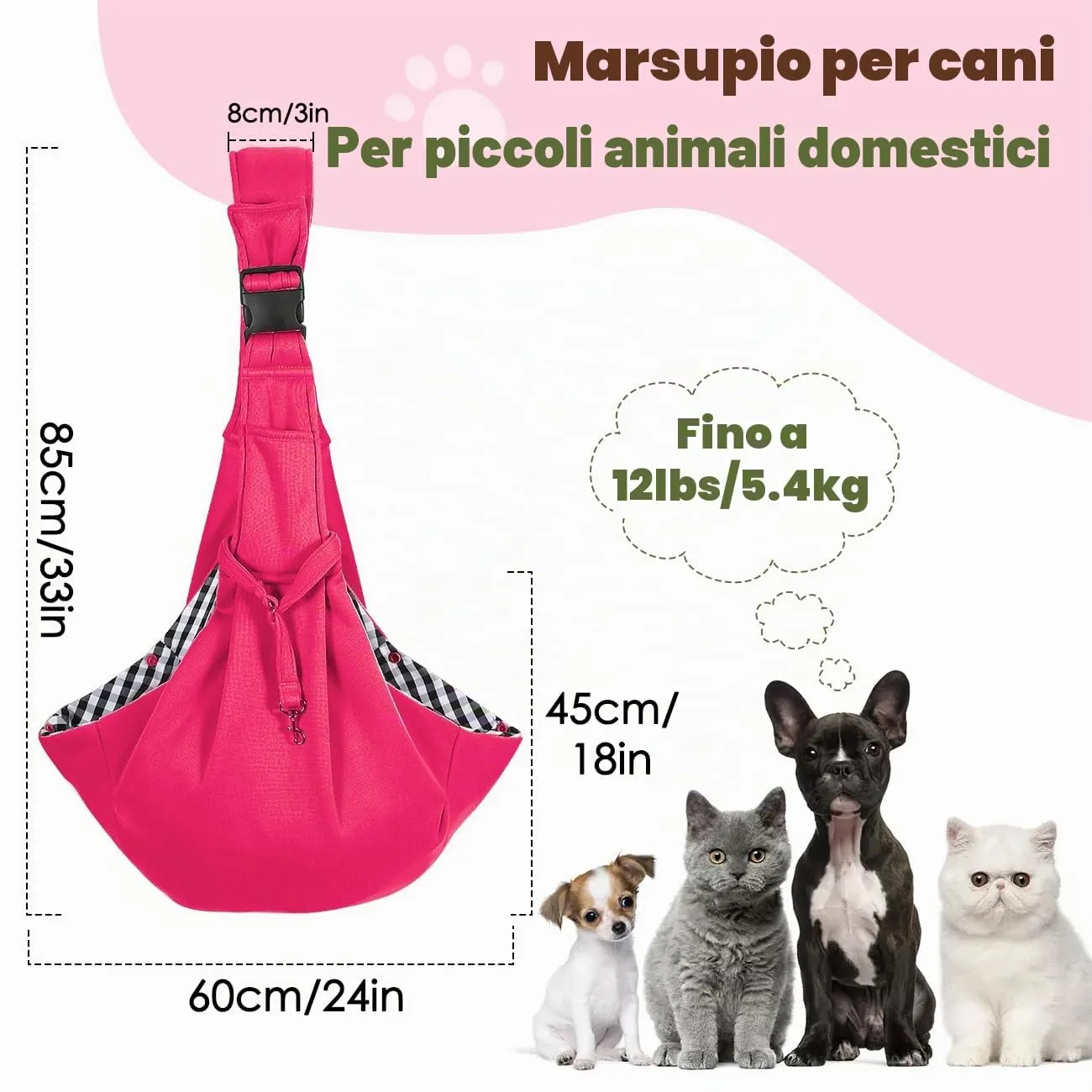 Pawaboo Borsa a Tracolla per Cani e Gatti, Fino a 12 Lbs, Magenta - immagine 2