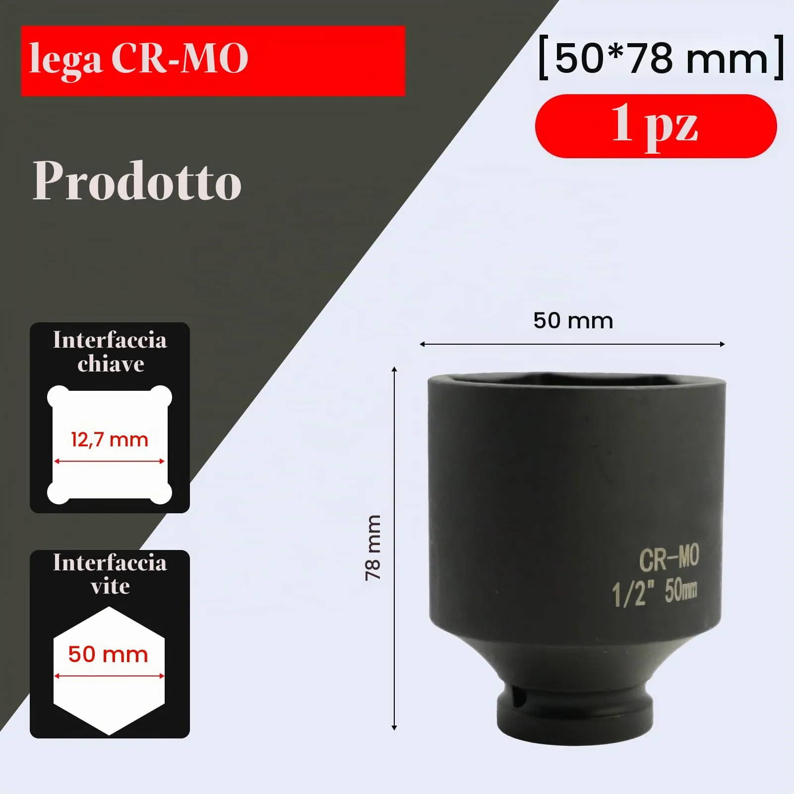 Flewdart Bussola Lunga Esagonale 1/2" 50mm Acciaio al Cromo Molibdeno CR-MO - immagine 2