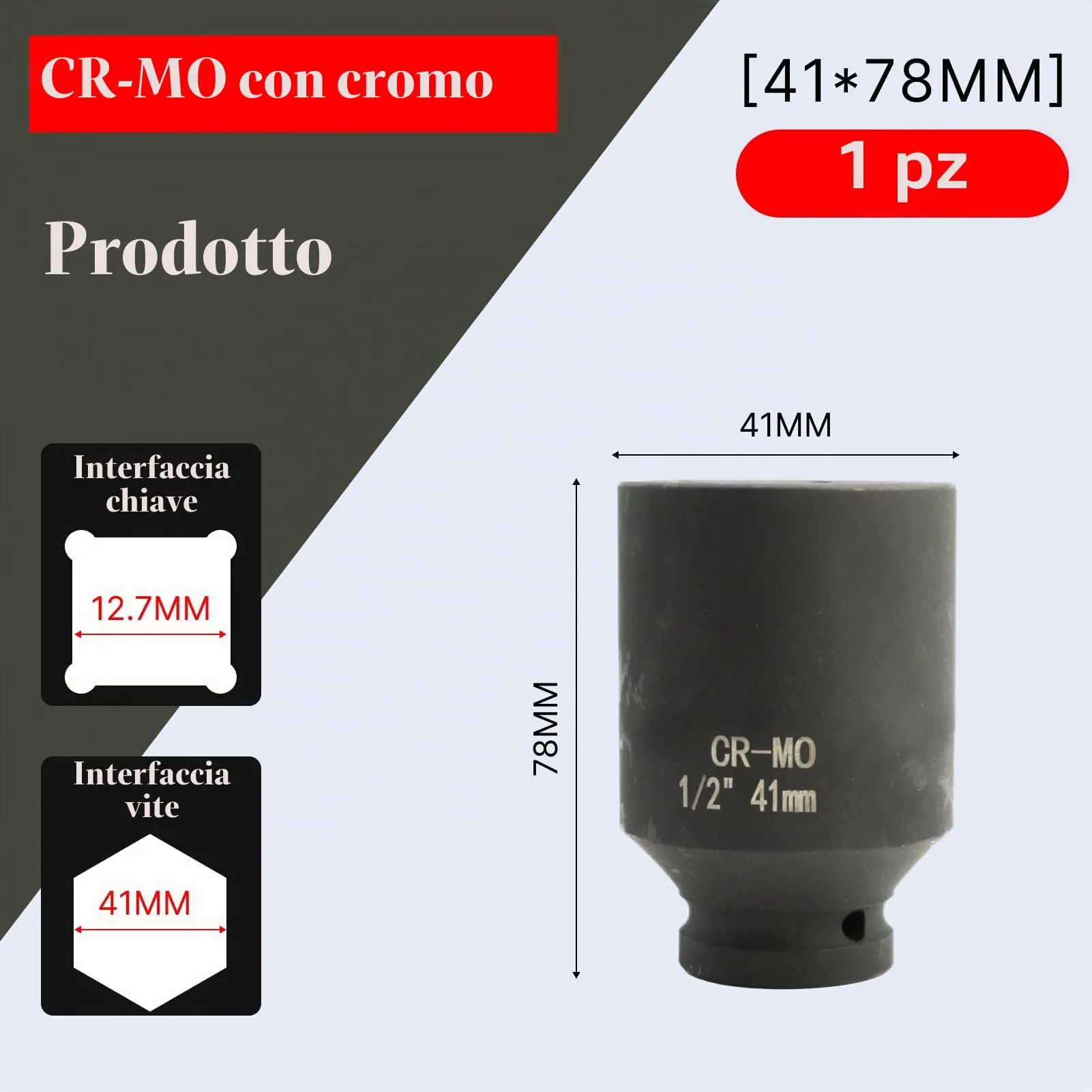 Flewdart Bussola Lunga Esagonale 1/2" 41mm, Acciaio al Cromo Molibdeno CR-MO, Lunghezza 78mm - immagine 2