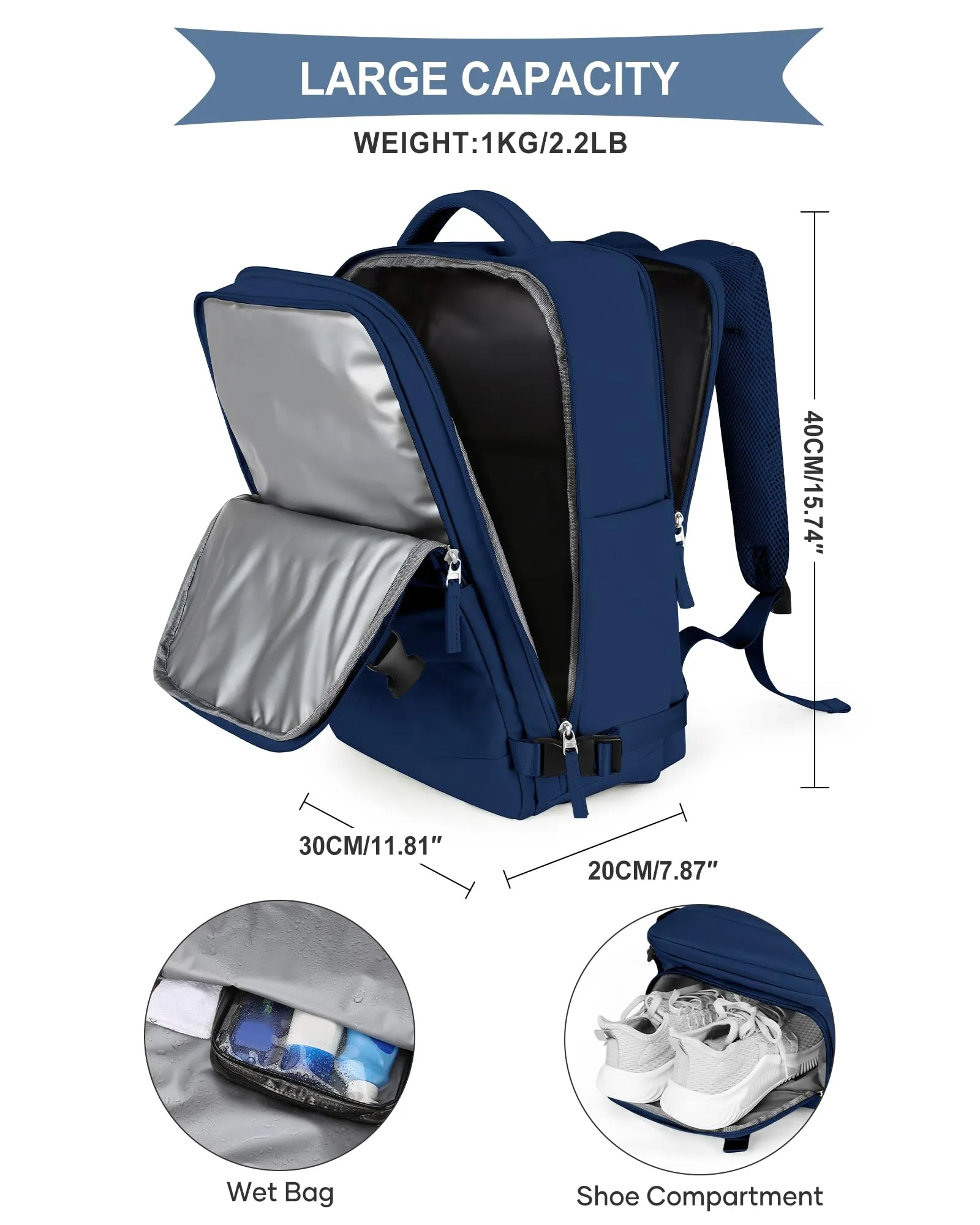 SZLX Zaino da Viaggio 40x30x20 per Ryanair e Wizzair, Impermeabile con Scomparto per Scarpe e Laptop 14 Pollici - immagine 4